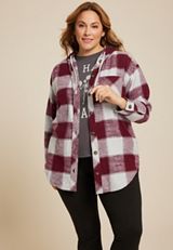 Plus Size Cabin Plaid Boyfriend Hooded Button Down Shirt, BURGUNDY COMBO, small