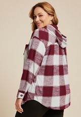 Plus Size Cabin Plaid Boyfriend Hooded Button Down Shirt, BURGUNDY COMBO, small