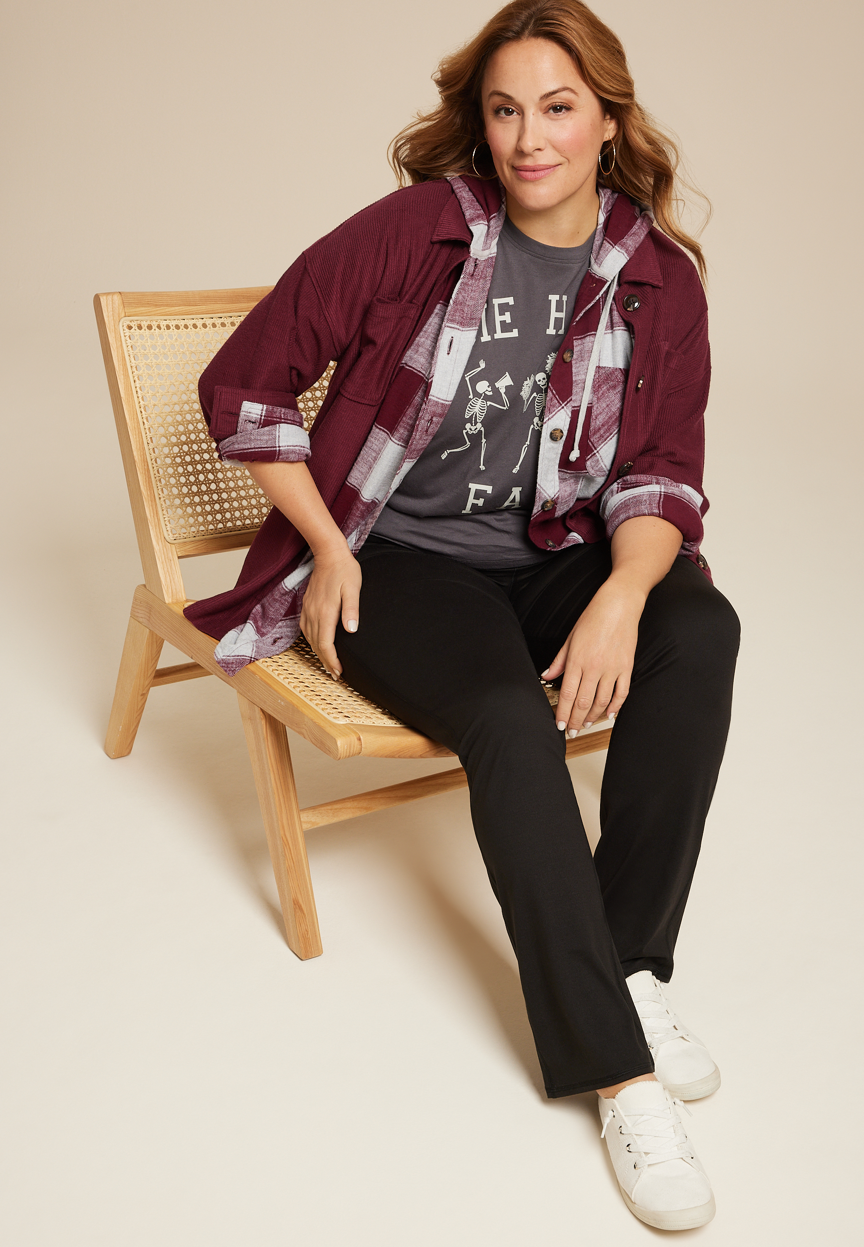 Plus Size Cabin Plaid Boyfriend Hooded Button Down Shirt, BURGUNDY COMBO, large