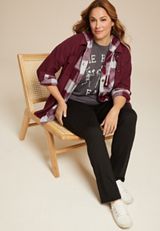 Plus Size Cabin Plaid Boyfriend Hooded Button Down Shirt, BURGUNDY COMBO, small