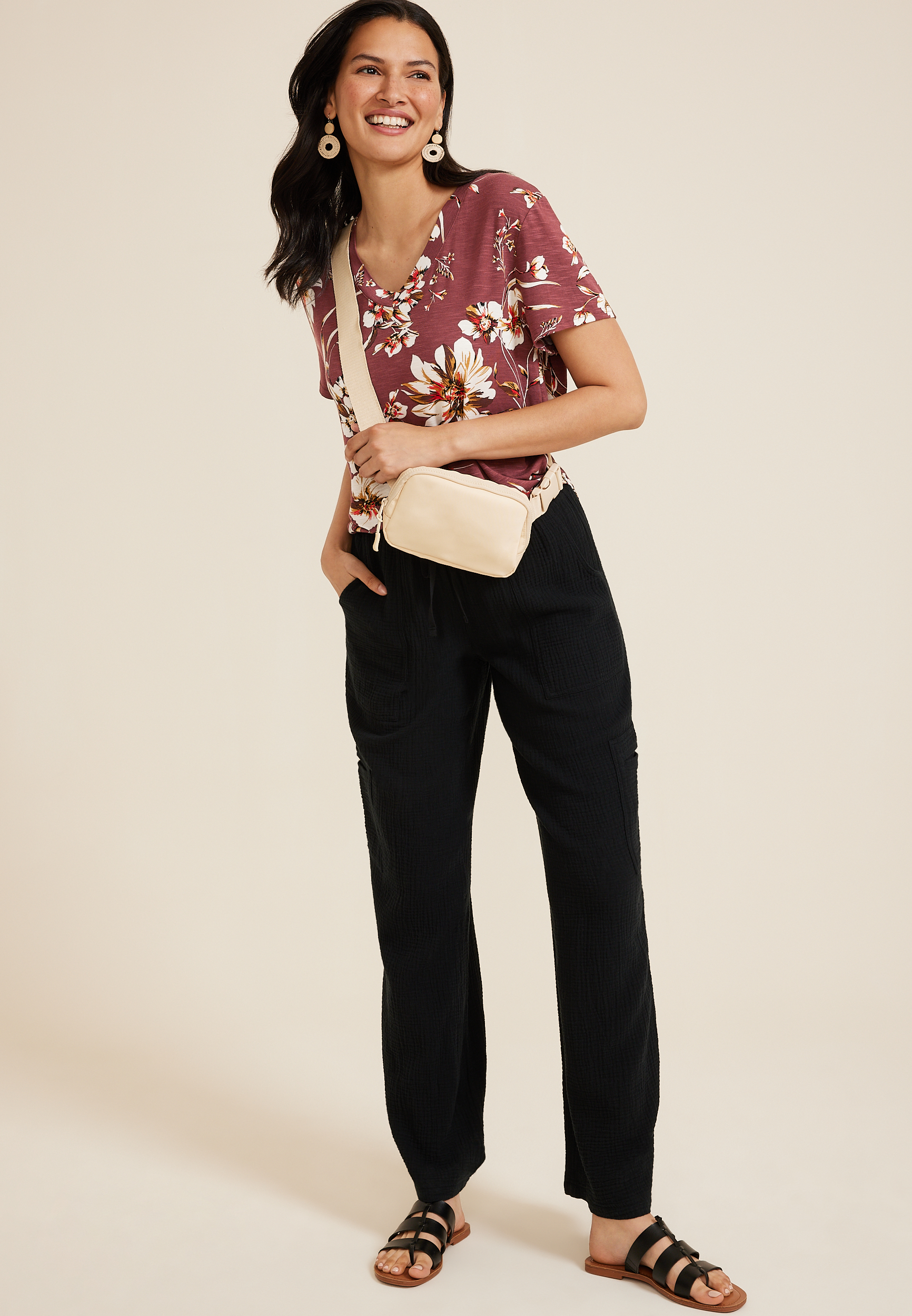 24/7 Floral Relaxed V Neck Tee, C5978, large
