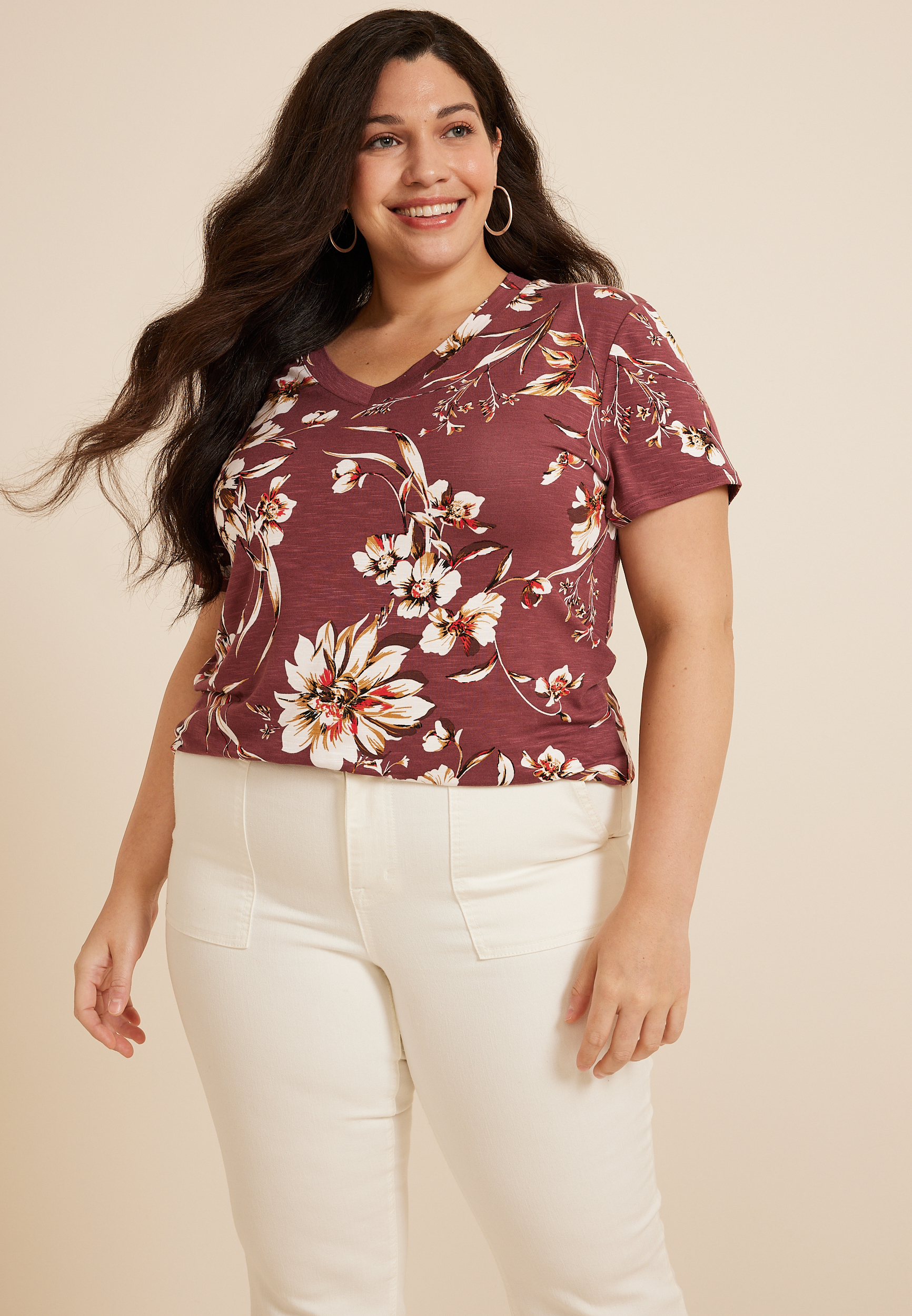 Plus 24/7 Floral Relaxed V Neck Tee