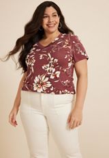 Plus Size 24/7 Floral Relaxed V Neck Tee, C5978, small