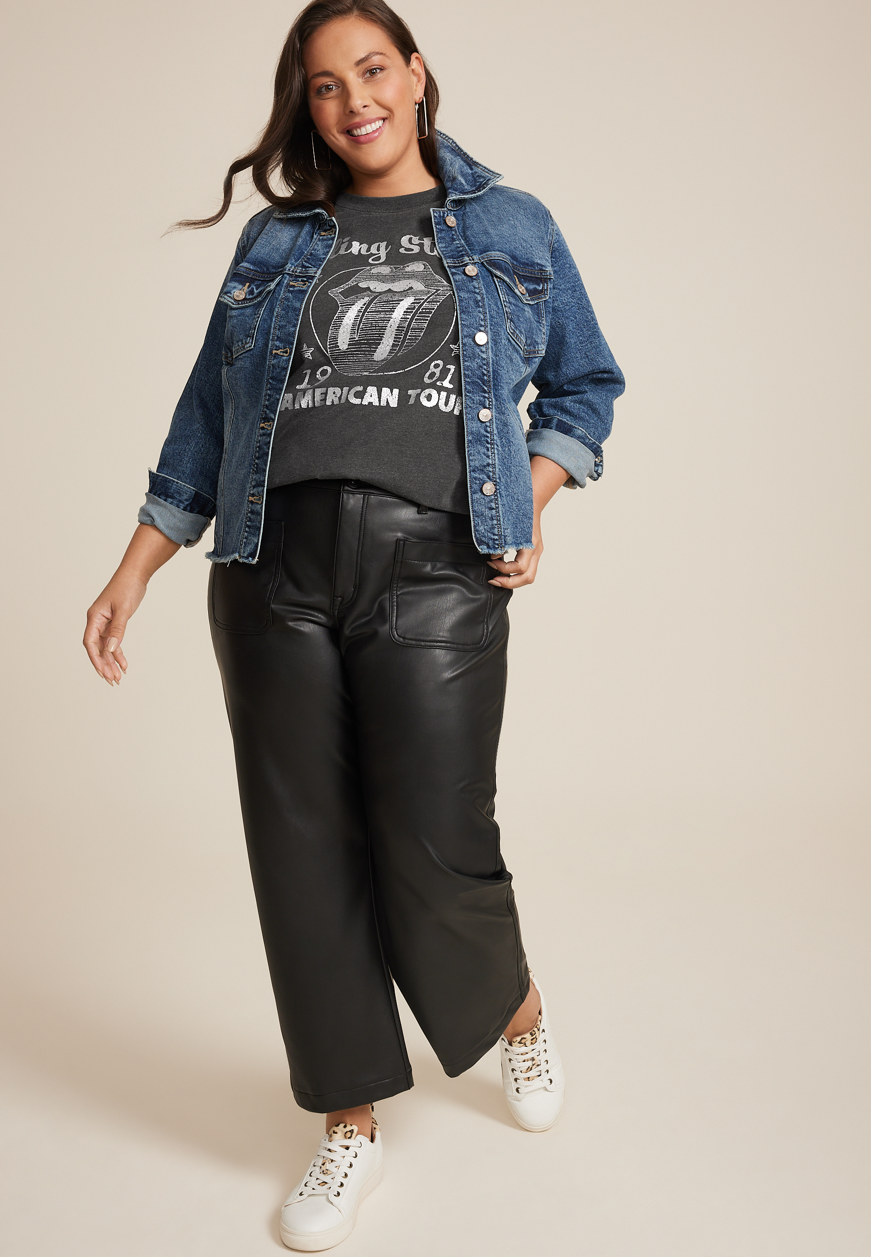Plus Size Rolling Stones 1981 American Tour Glitter Relaxed Fit Graphic Tee, PHANTOM BLACK, large