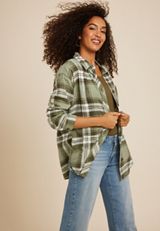 Cabin Plaid Boyfriend Tunic Shirt, OLIVE COMBO, small