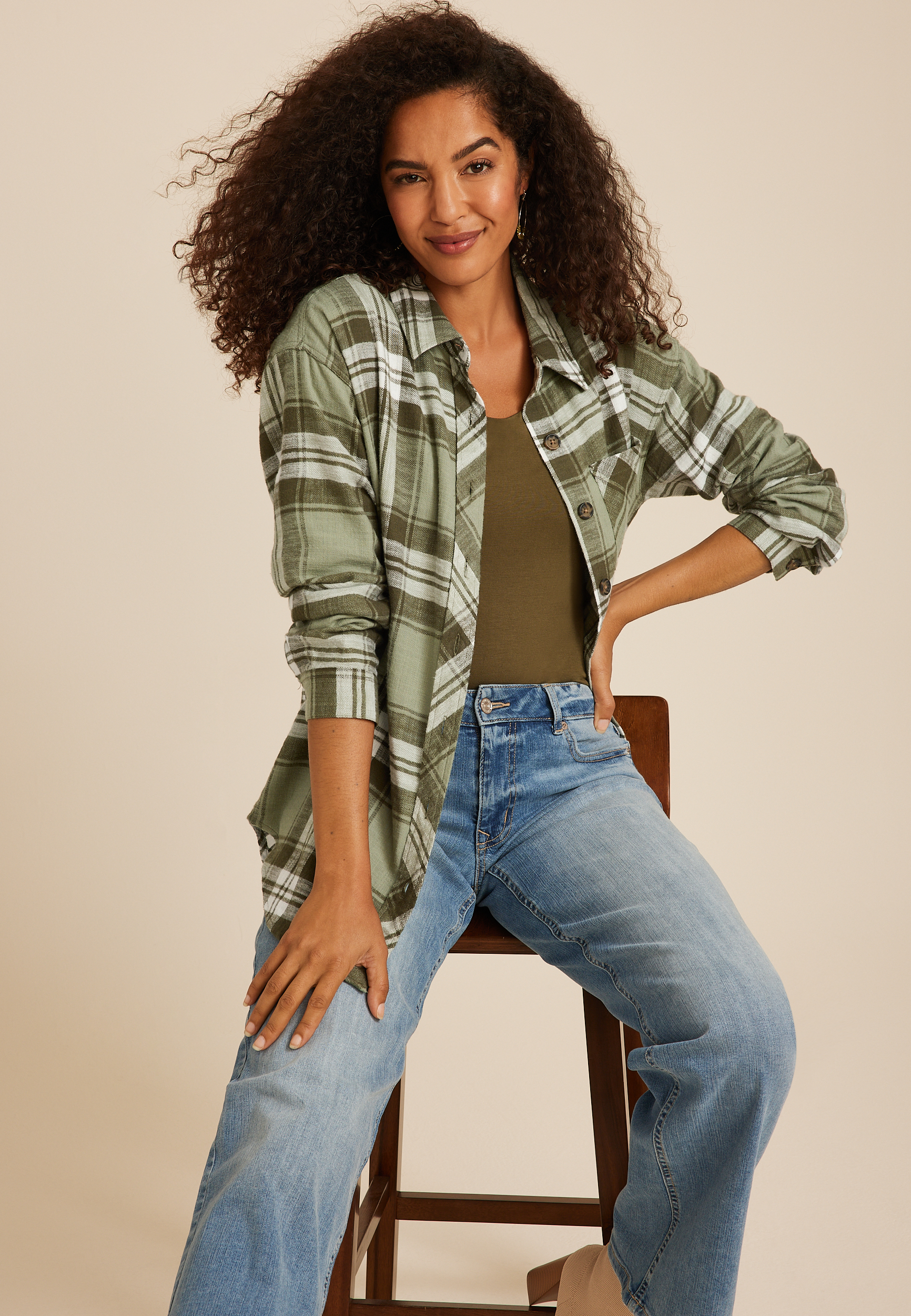 Cabin Plaid Boyfriend Tunic Shirt, OLIVE COMBO, large
