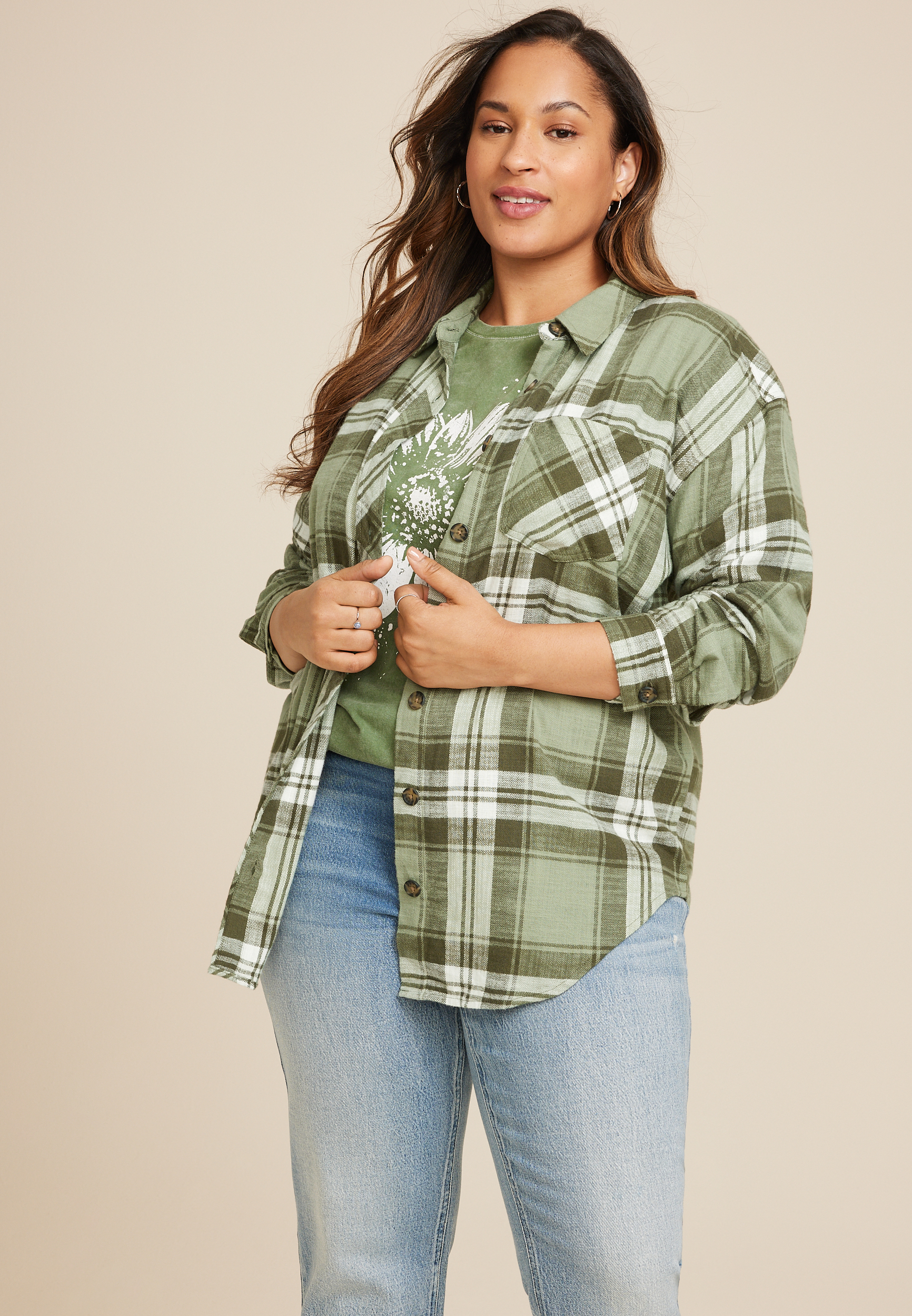 Plus Cabin Plaid Boyfriend Tunic Shirt