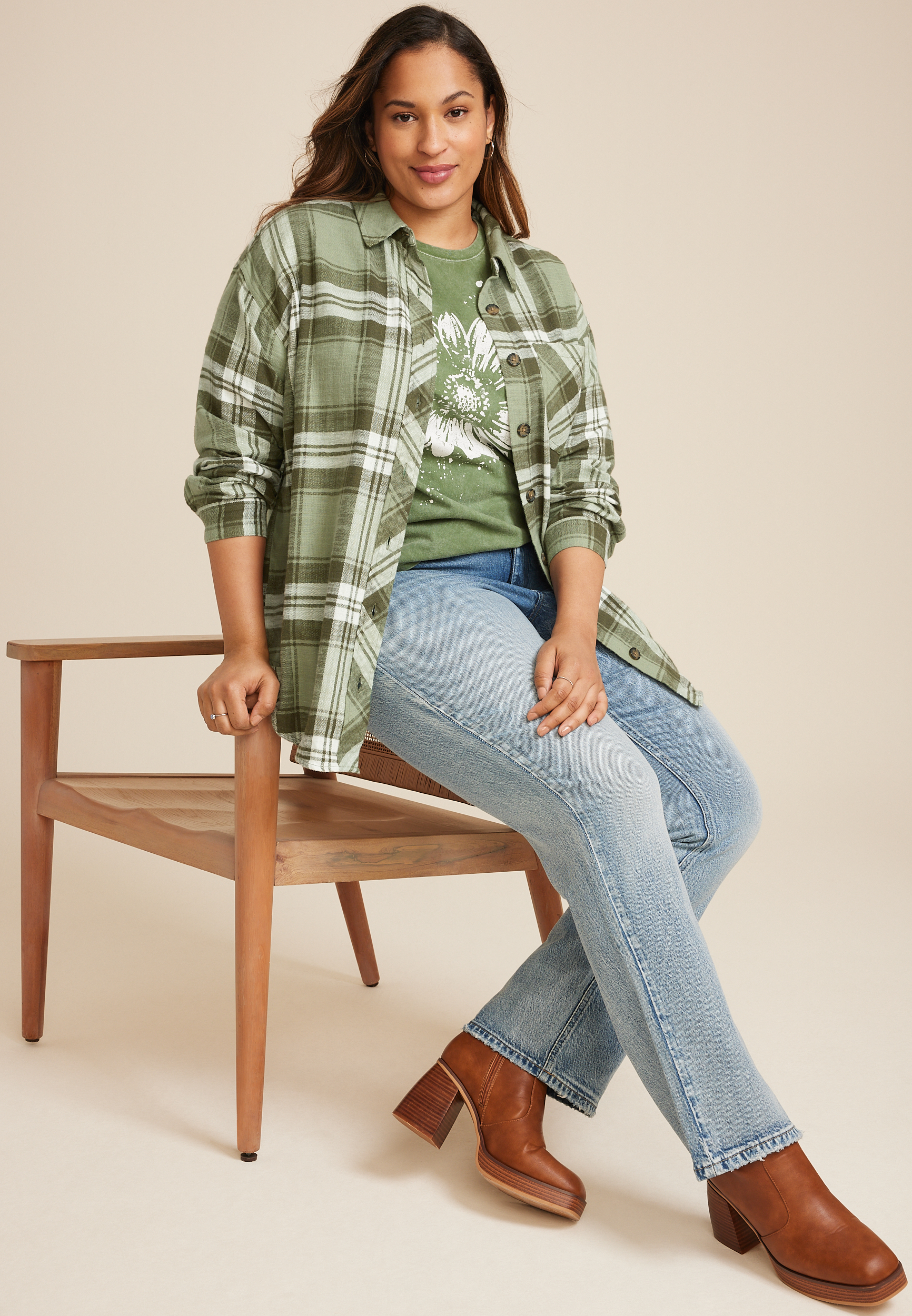 Plus Size Cabin Plaid Boyfriend Tunic Shirt, C1829, large