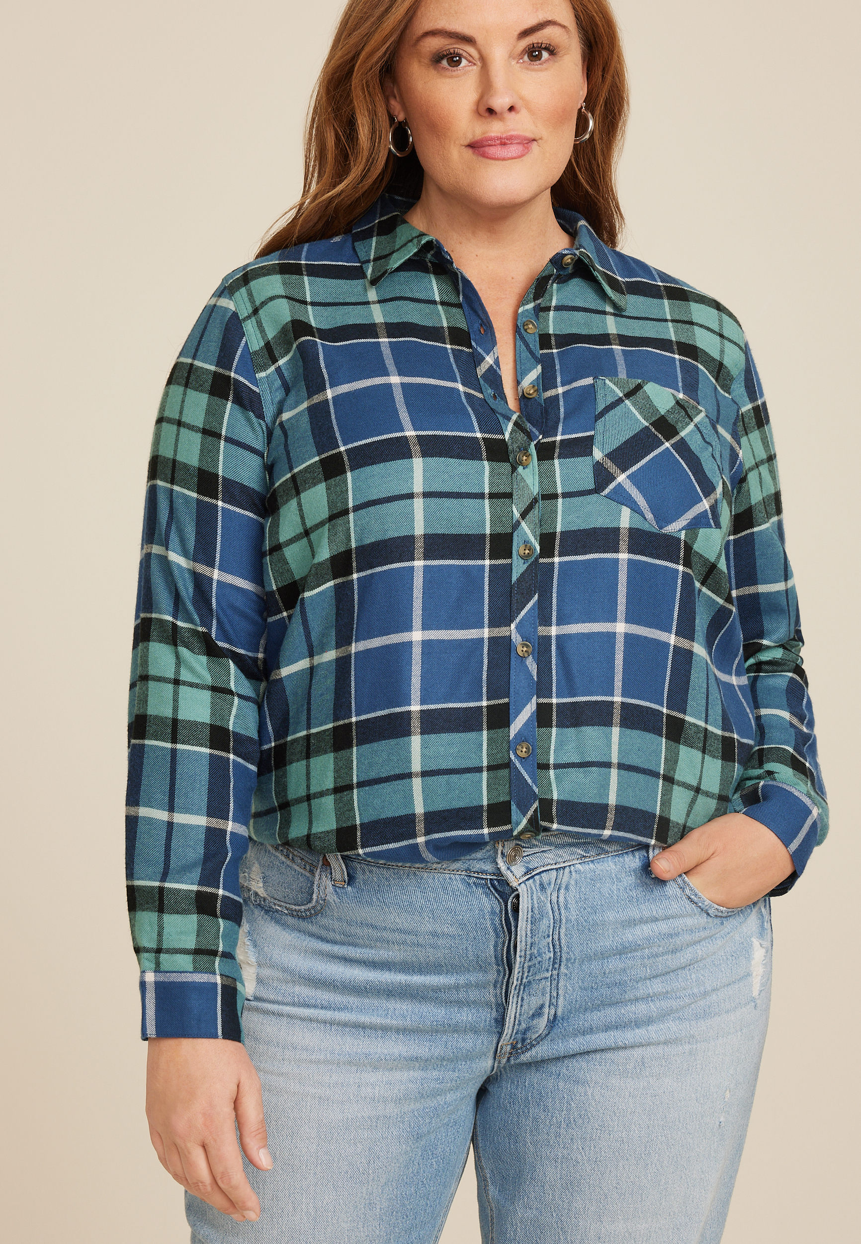 Maurices Plus Size Women's Cabin Plaid Classic Button Down Shirt Green Size 0X