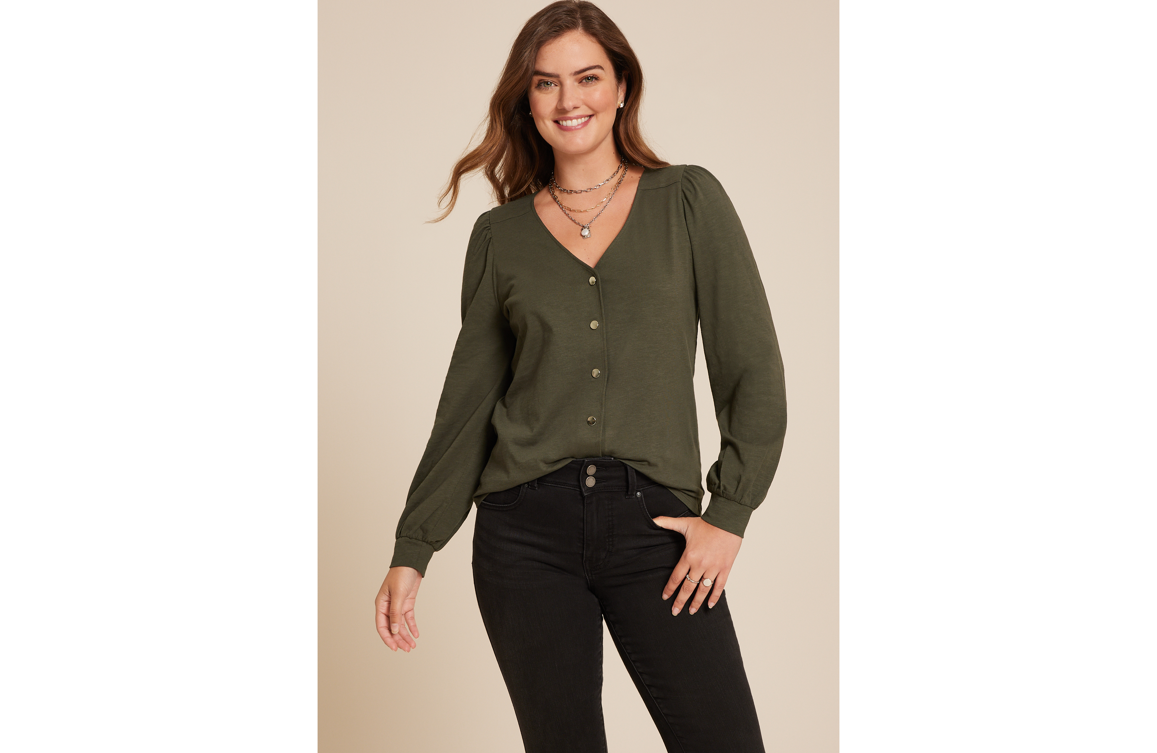 Snap Front V Neck Blouse
