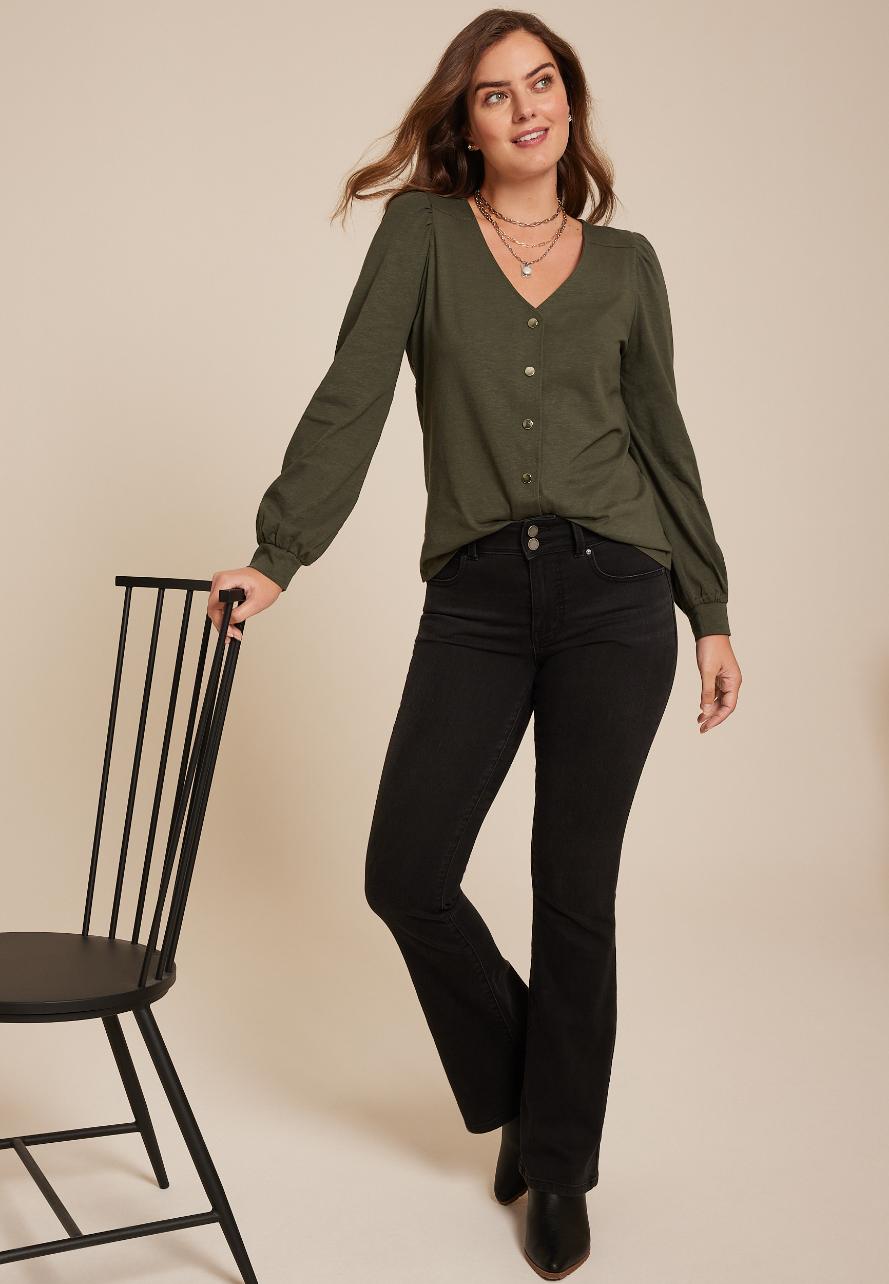 Snap Front V Neck Blouse, C7389, large
