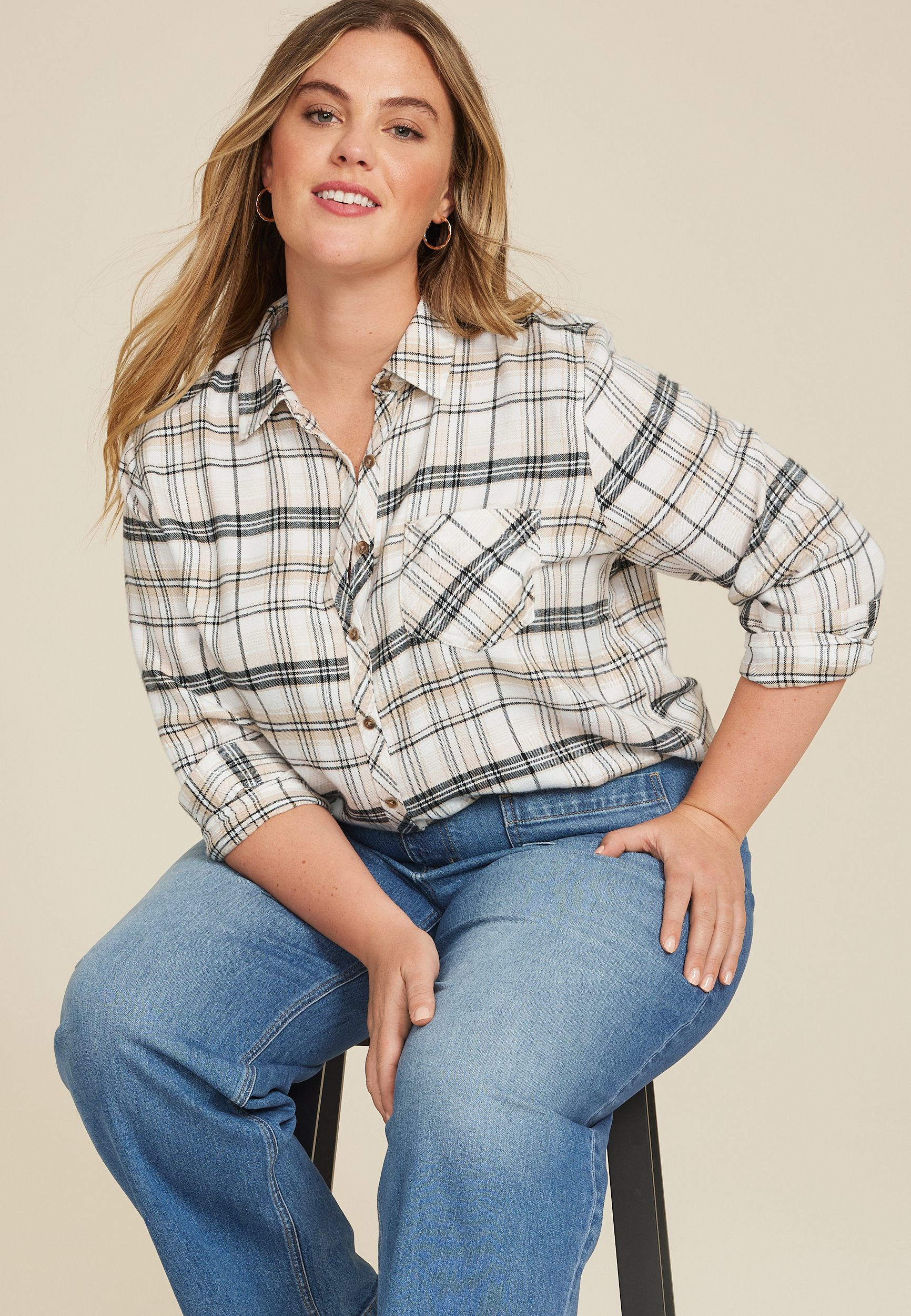 Maurices Plus Size Women's Cabin Plaid Classic Button Down Shirt White Size 1X