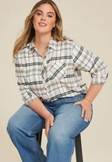 Plus Size Cabin Plaid Classic Button Down Shirt, SOFT WHITE COMBO, small