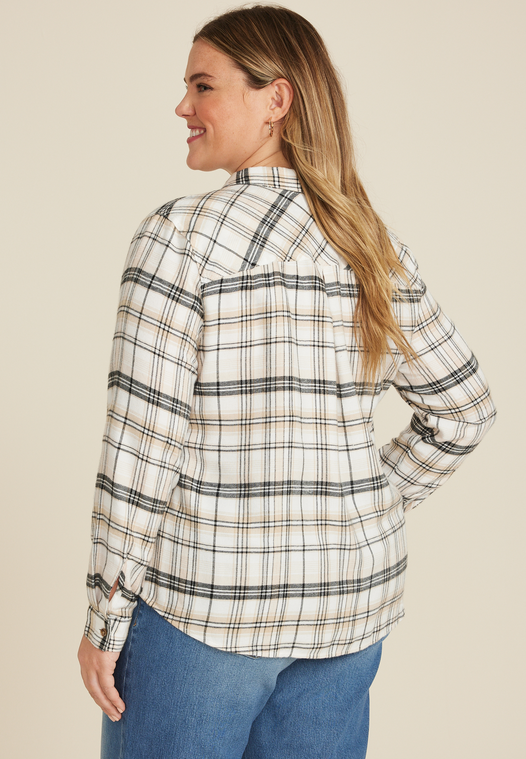 Plus Size Cabin Plaid Classic Button Down Shirt, SOFT WHITE COMBO, large