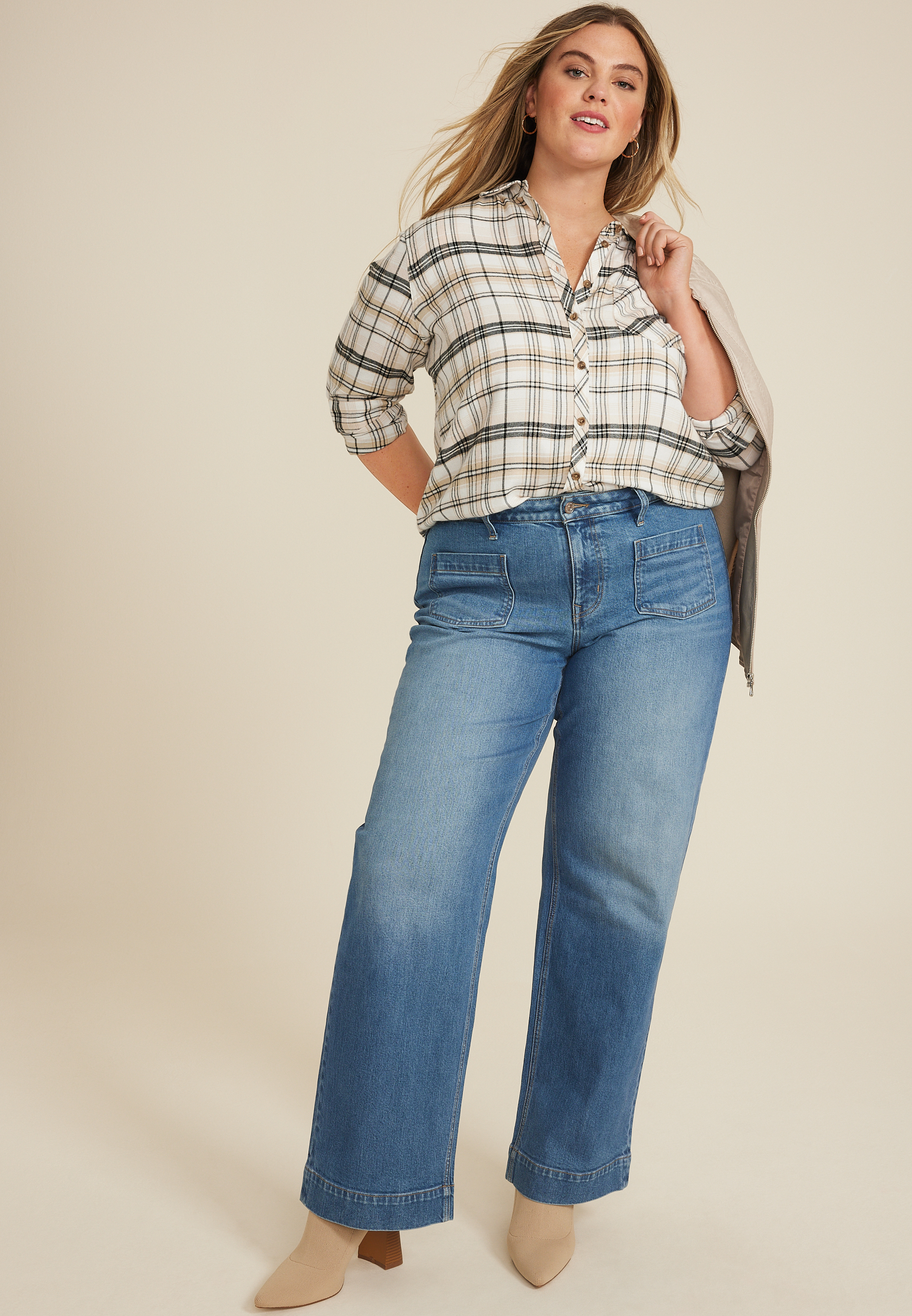 Plus Size Cabin Plaid Classic Button Down Shirt, SOFT WHITE COMBO, large