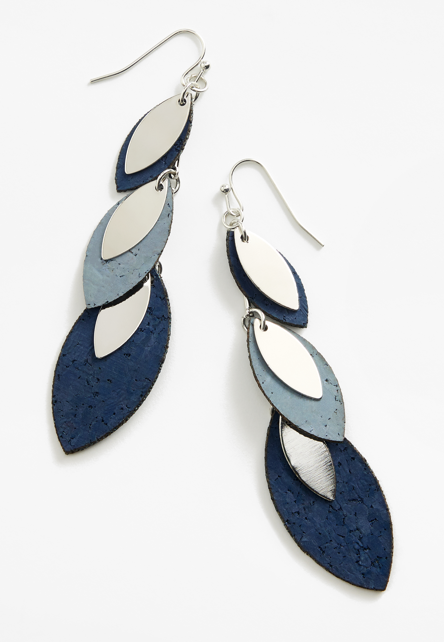 Blue Linear Leaf Drop Earrings