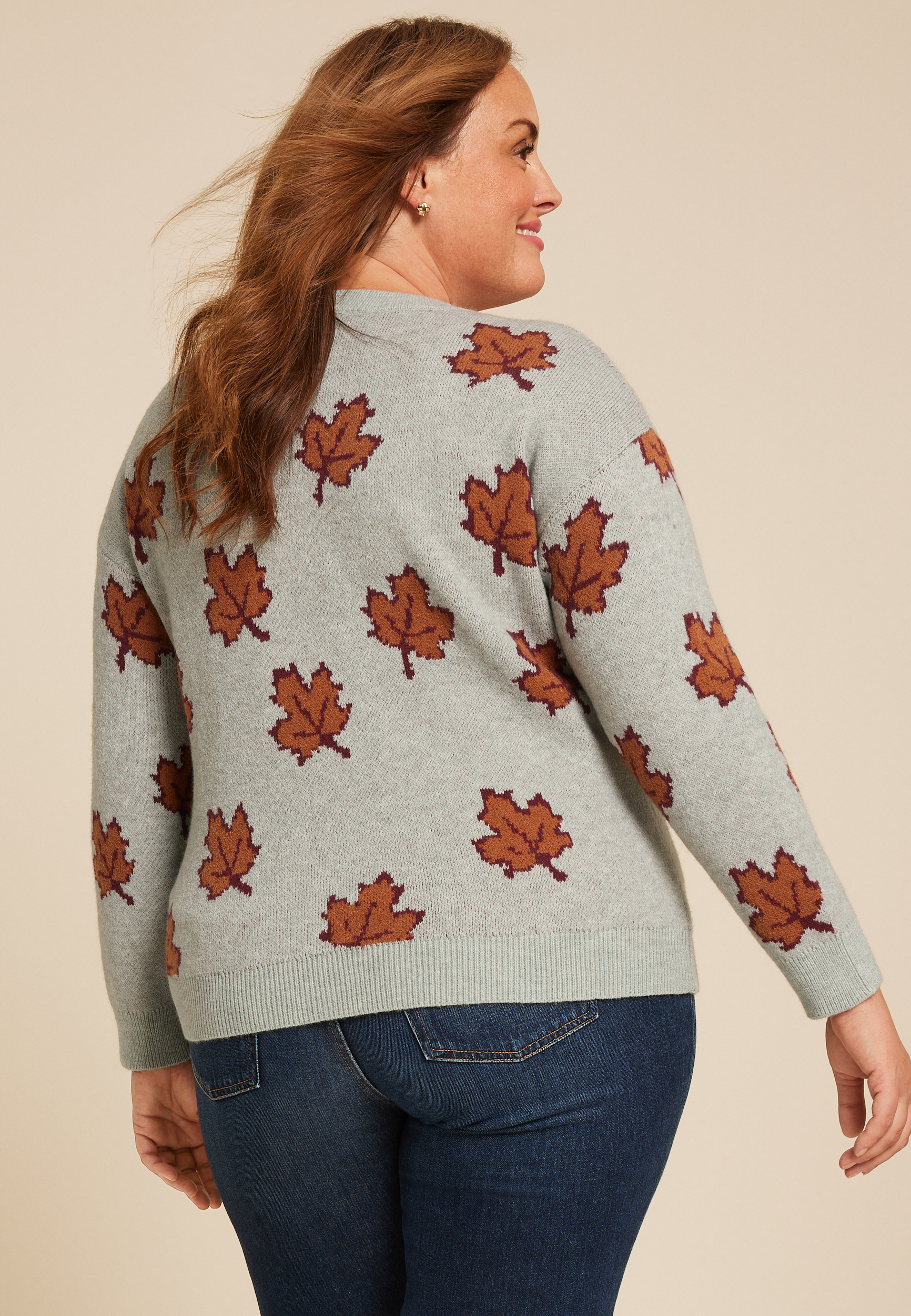Plus Size Fall Leaves Sweater, LIGHT HEATHER GRAY, large