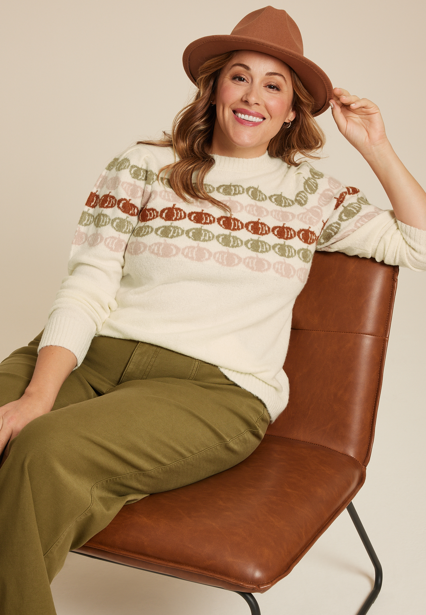 Plus Size Fall Jacquard Pumpkin Sweater, ECRU COMBO, large