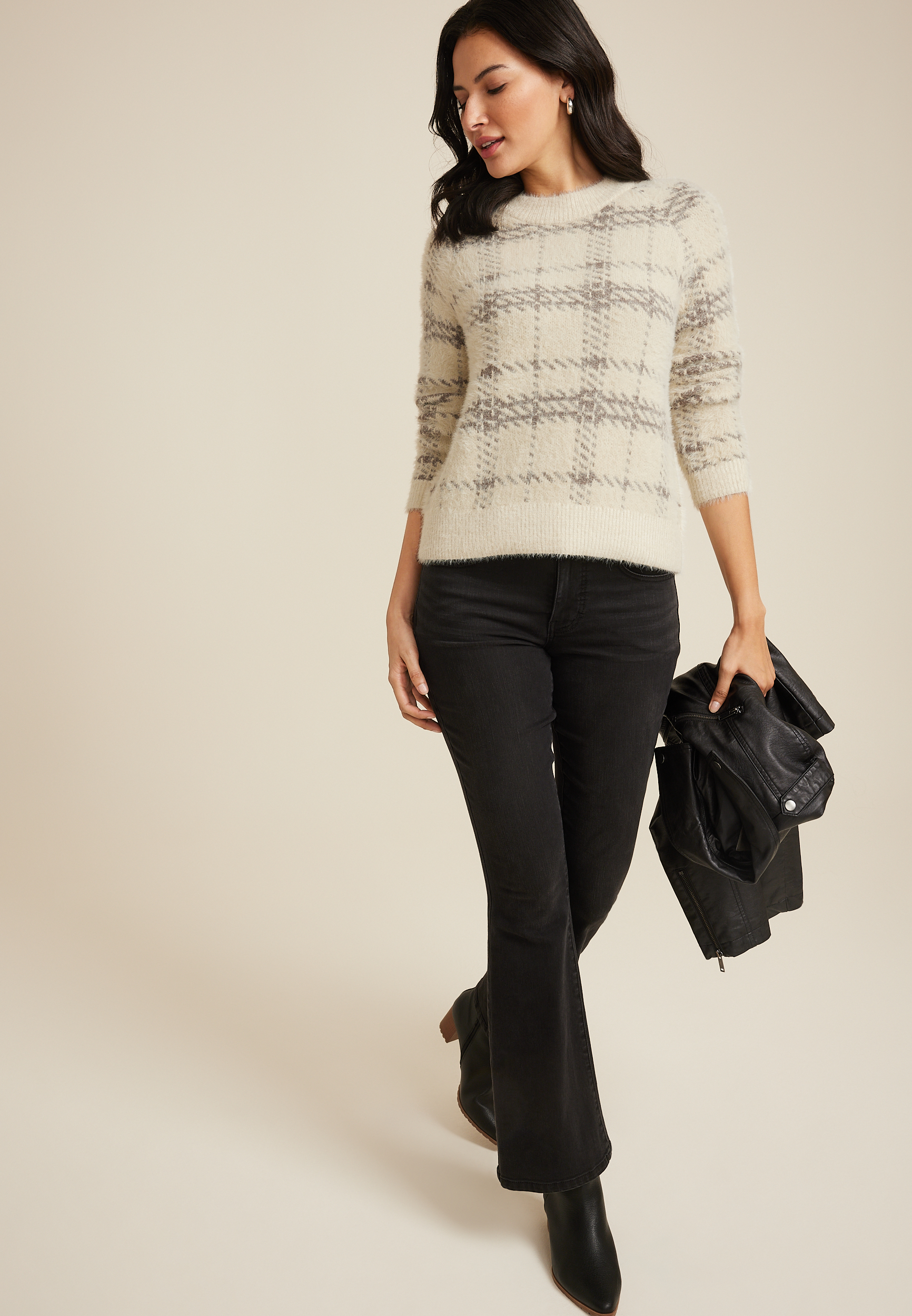 Fuzzy Plaid Knit Sweater, C9748, large