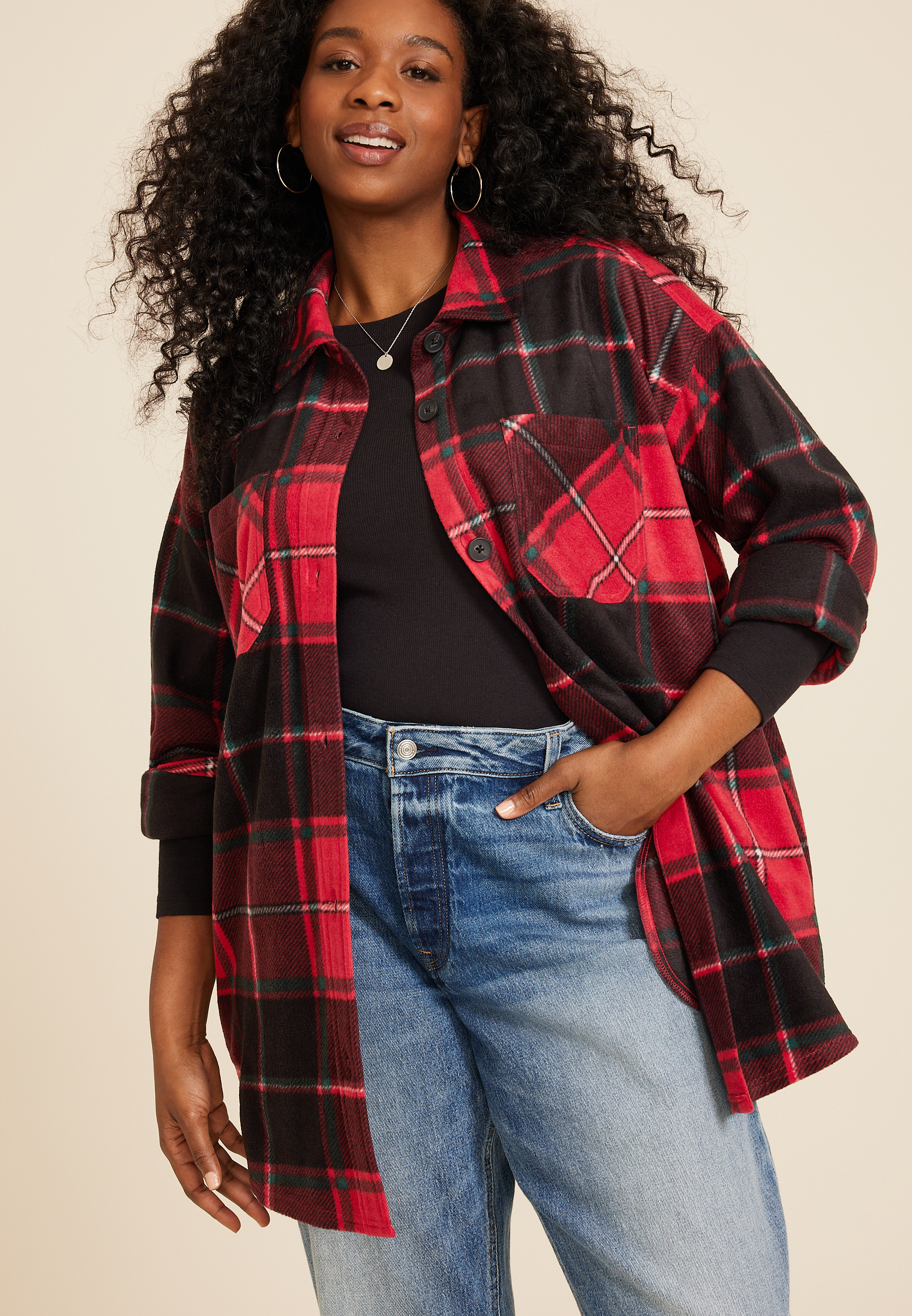 Plus size red fashion and black checkered shirt