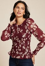 Floral Smocked Blouse, BURGUNDY COMBO, small