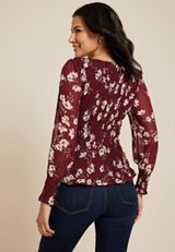 Floral Smocked Blouse, BURGUNDY COMBO, small
