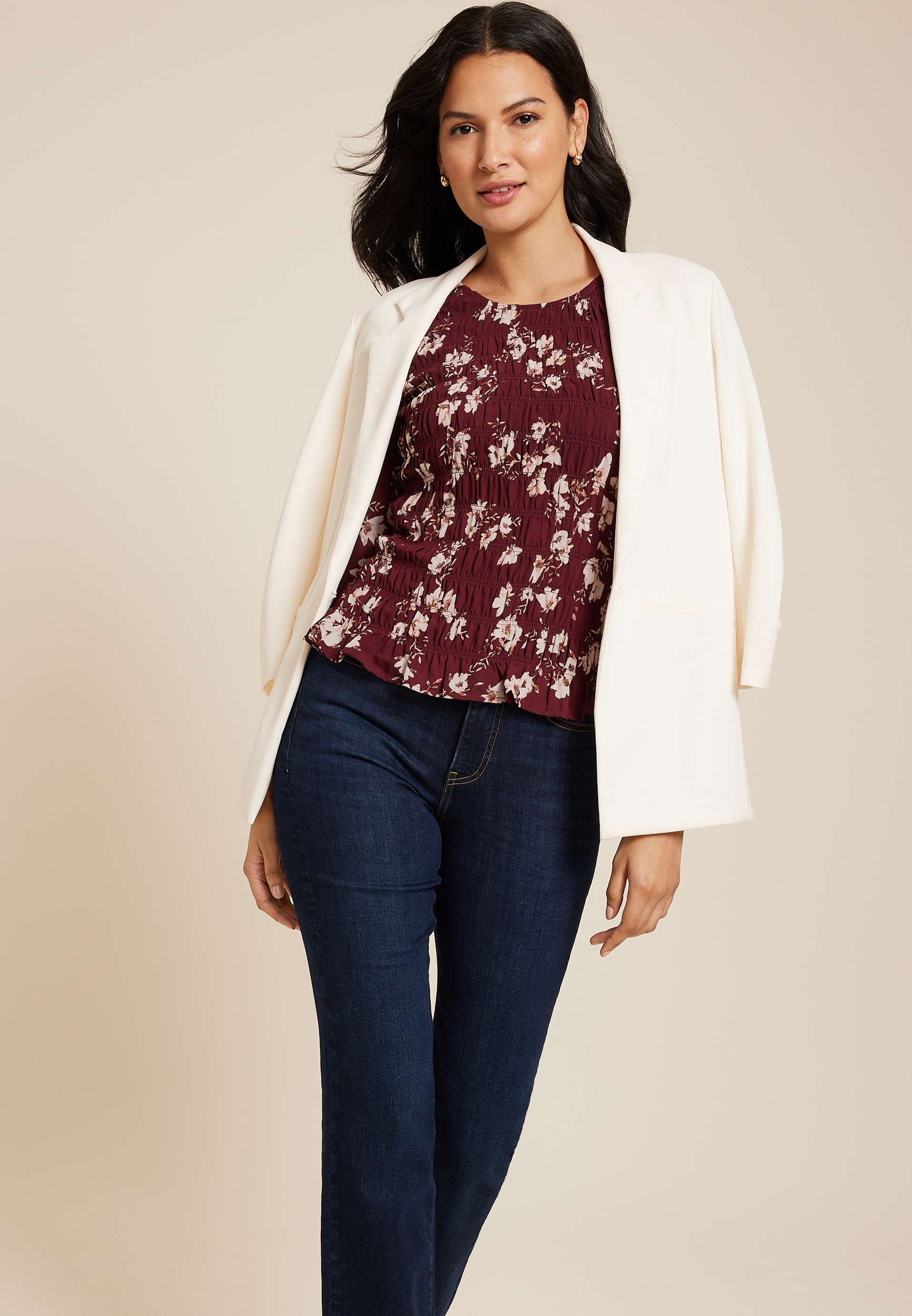 Floral Smocked Blouse, BURGUNDY COMBO, large