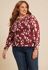 Plus Size Floral Smocked Blouse, BURGUNDY COMBO, small
