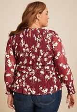 Plus Size Floral Smocked Blouse, BURGUNDY COMBO, small