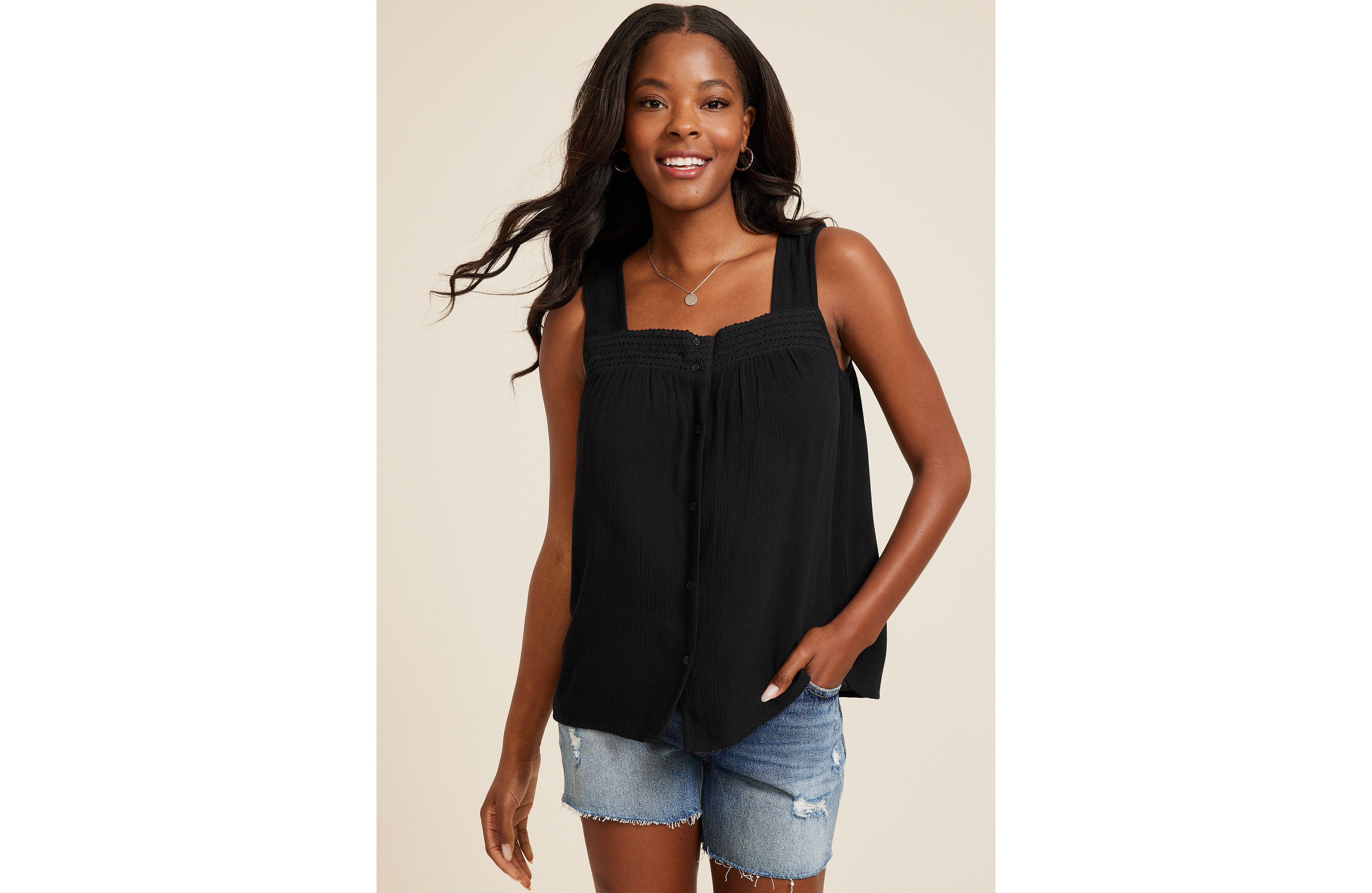 Lace Trim Button Front Tank Top