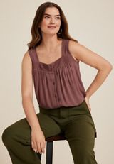 Lace Trim Button Front Tank Top, COCONUT SHELL, small