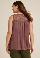 Lace Trim Button Front Tank Top, COCONUT SHELL, small