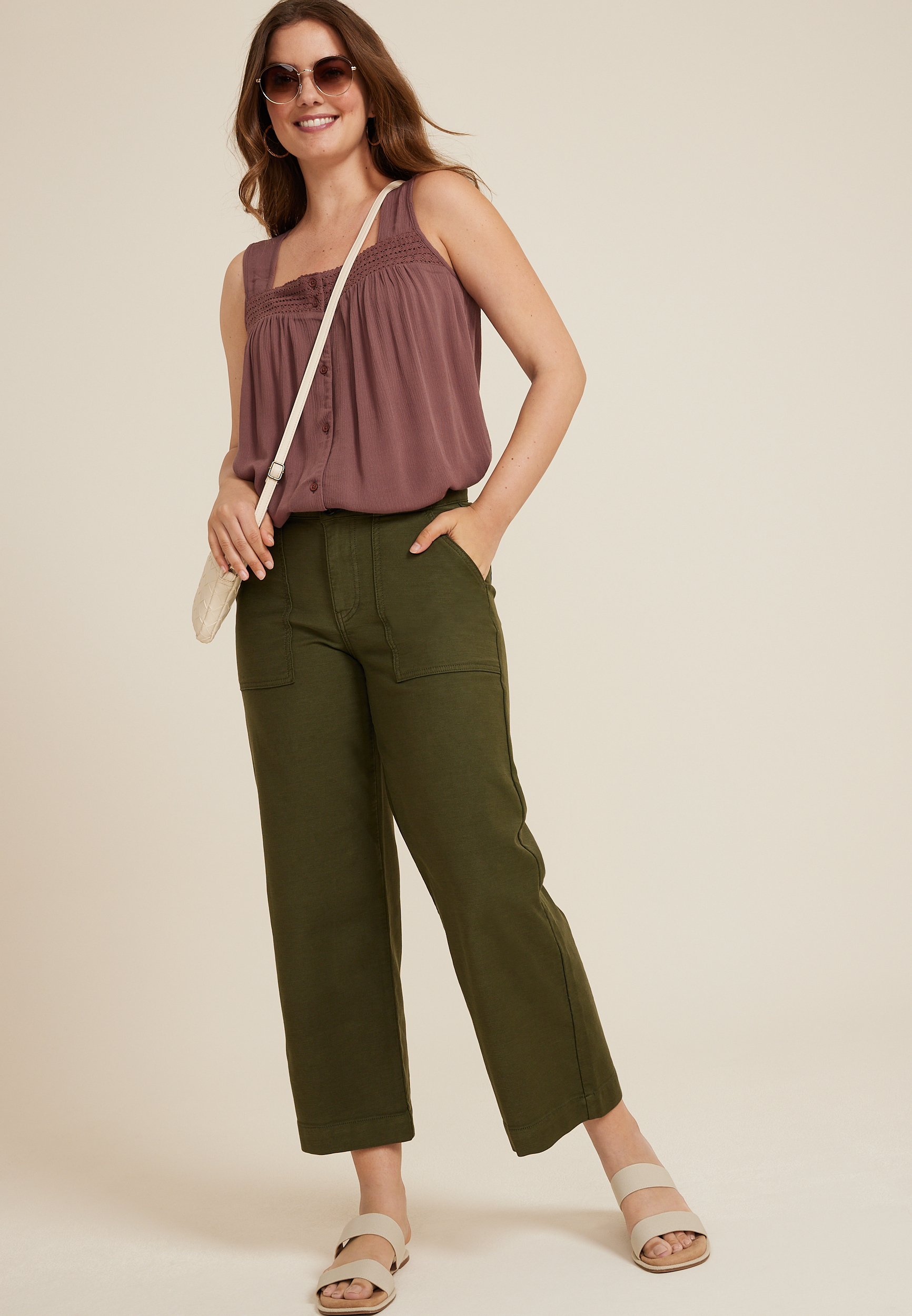 Lace Trim Button Front Tank Top, COCONUT SHELL, large