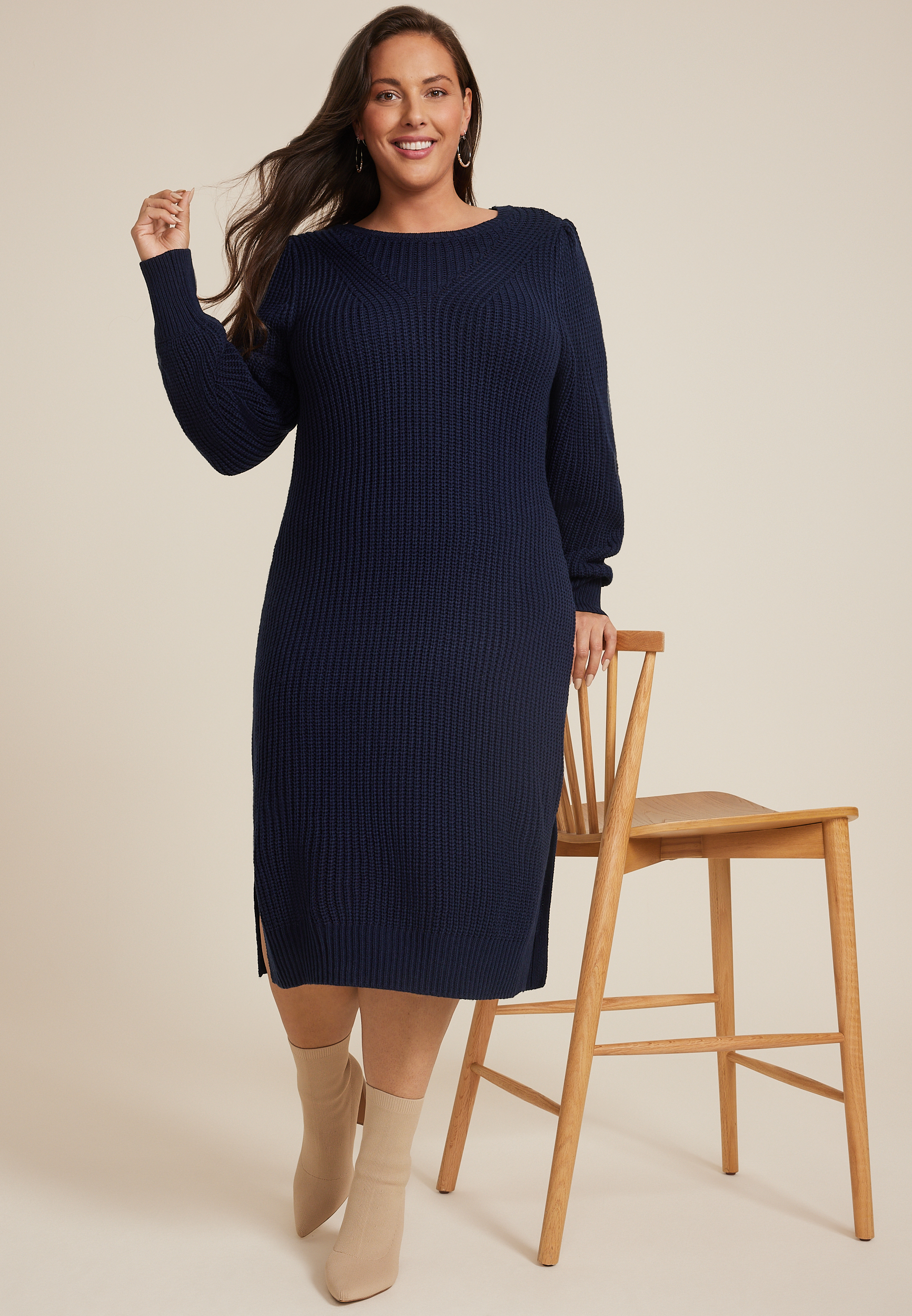 Plus Size Cable Knit Sweater Dress, BLUE JASMINE, large