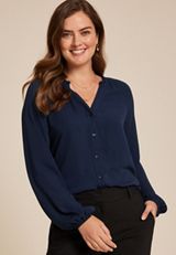 Ruffle Trim V Neck Long Sleeve Blouse, C1919, small