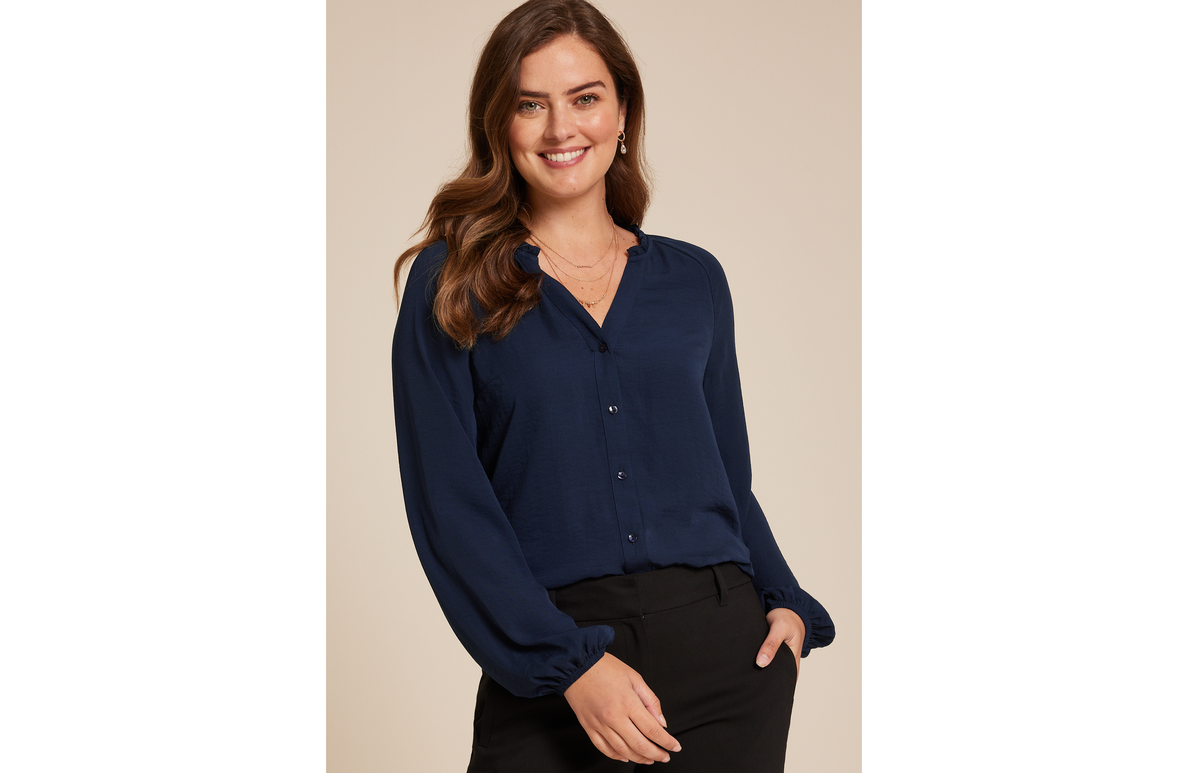 Ruffle Trim V Neck Long Sleeve Blouse
