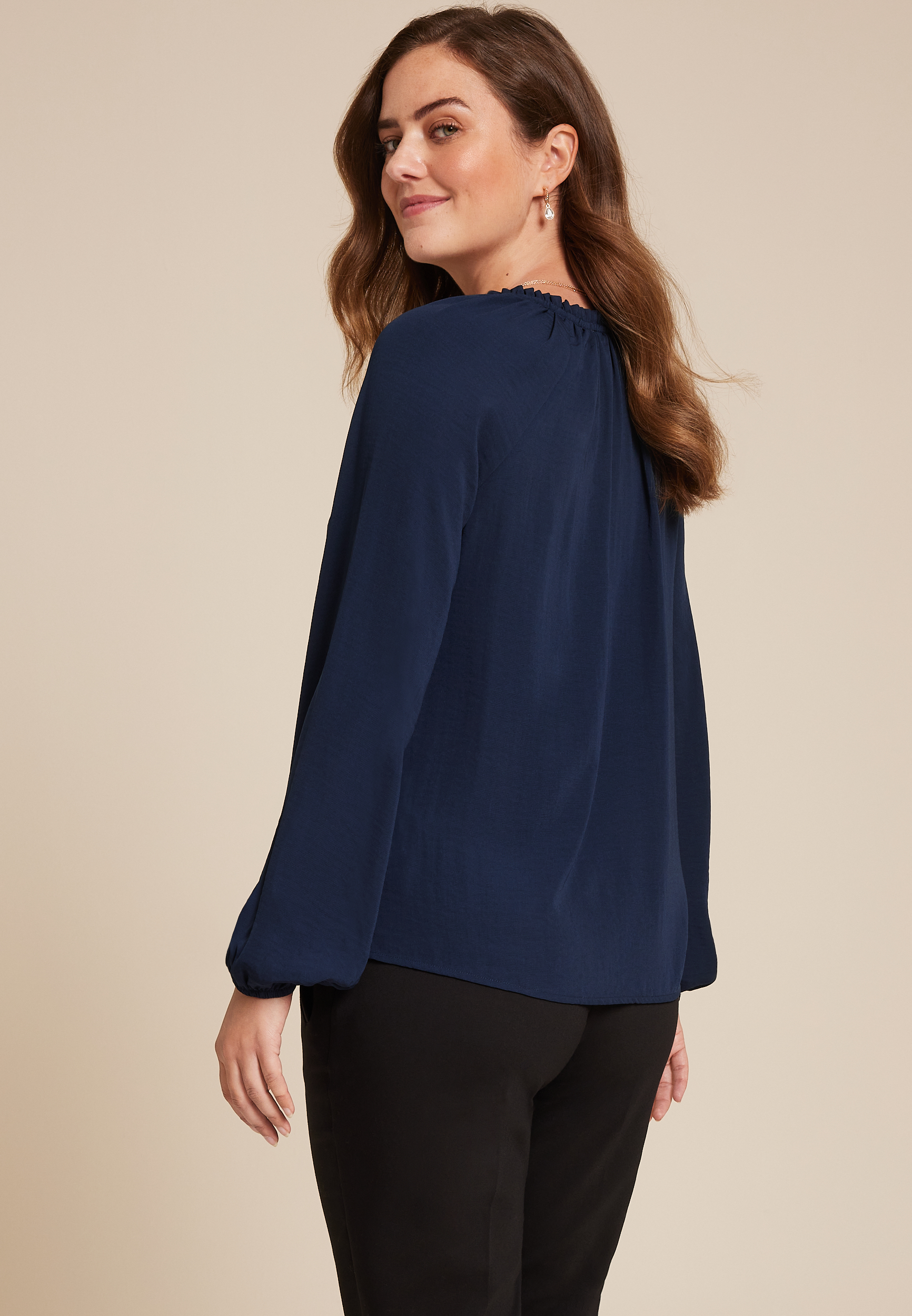 Ruffle Trim V Neck Long Sleeve Blouse, C1919, large