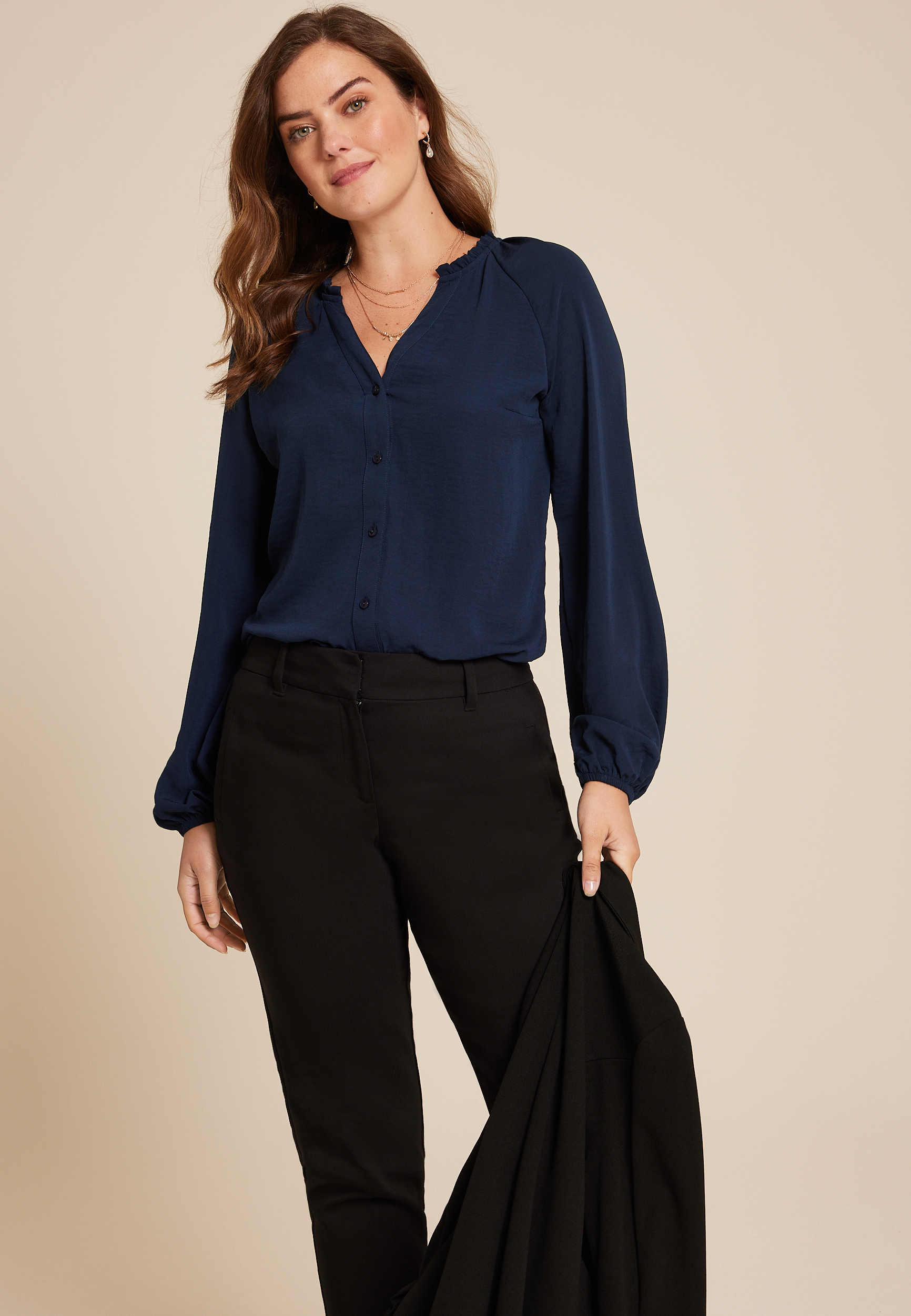 Ruffle Trim V Neck Long Sleeve Blouse, C1919, large