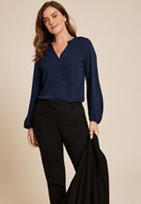 Ruffle Trim V Neck Long Sleeve Blouse, C1919, small