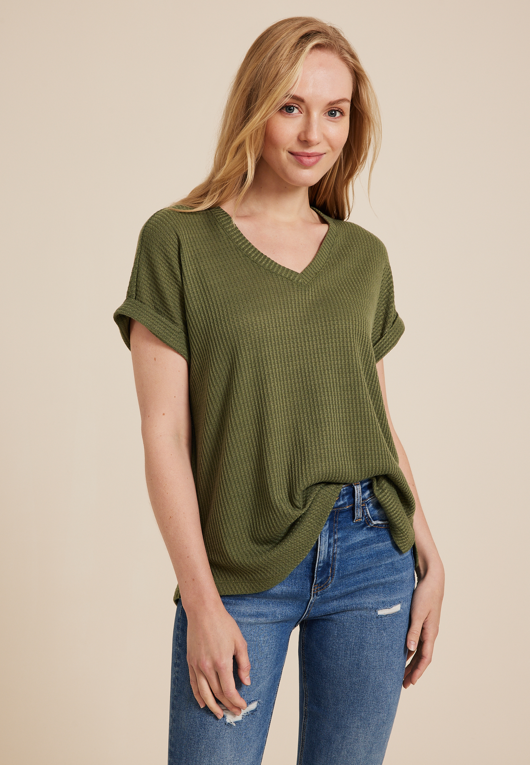 Jada Waffle V Neck Tee, Navy main image 0