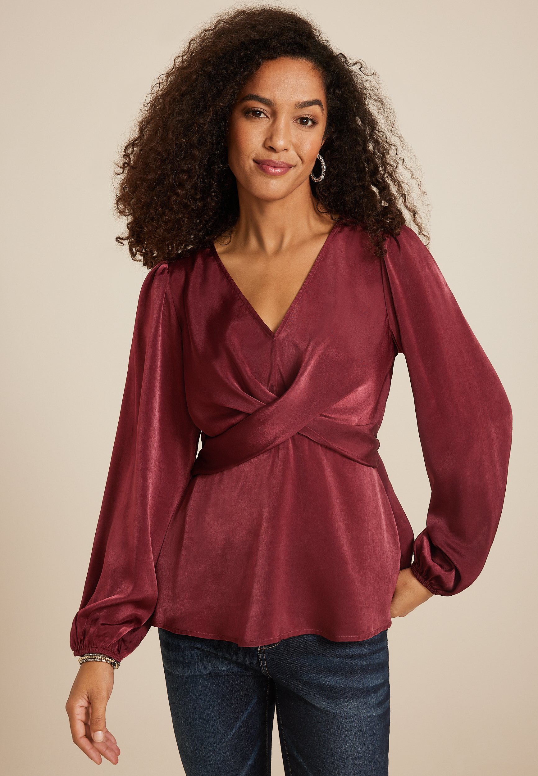 Wrap Front Long Sleeve Blouse