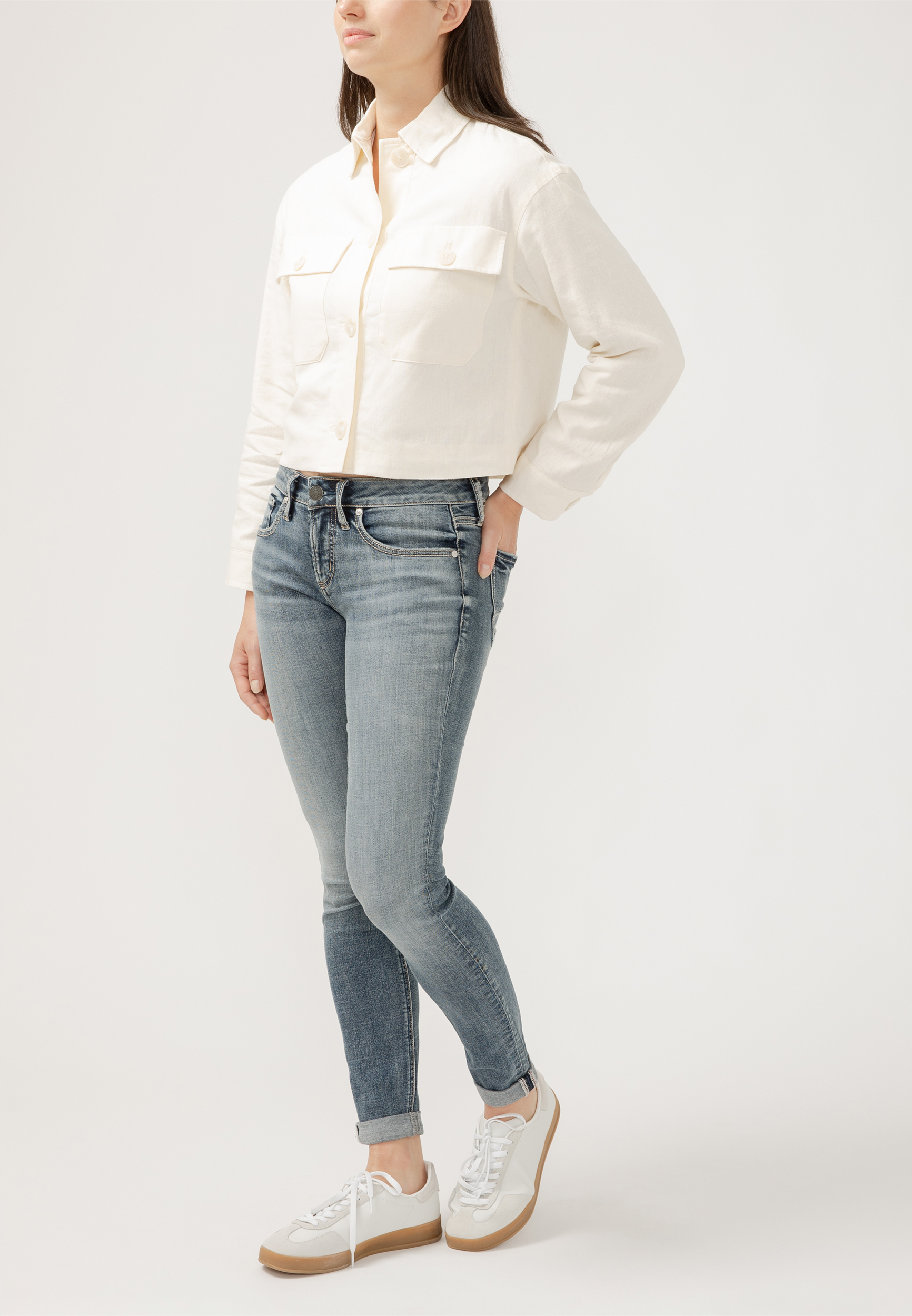 Silver Jeans Co.&reg; Mid Rise Rolled Hem Girlfriend Skinny Leg Jean, MEDIUM SANDBLAST, large