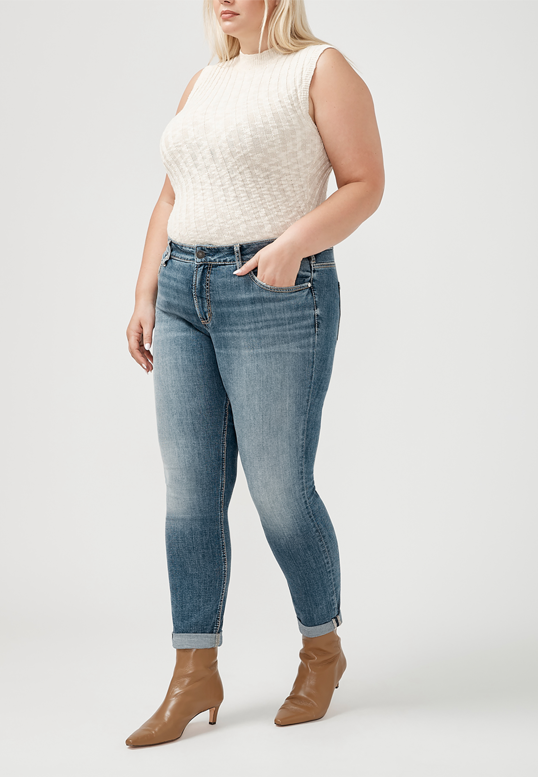 Plus Size Silver Jeans Co.&reg; Mid Rise Rolled Hem Girlfriend Skinny Leg Jean, C3337, large