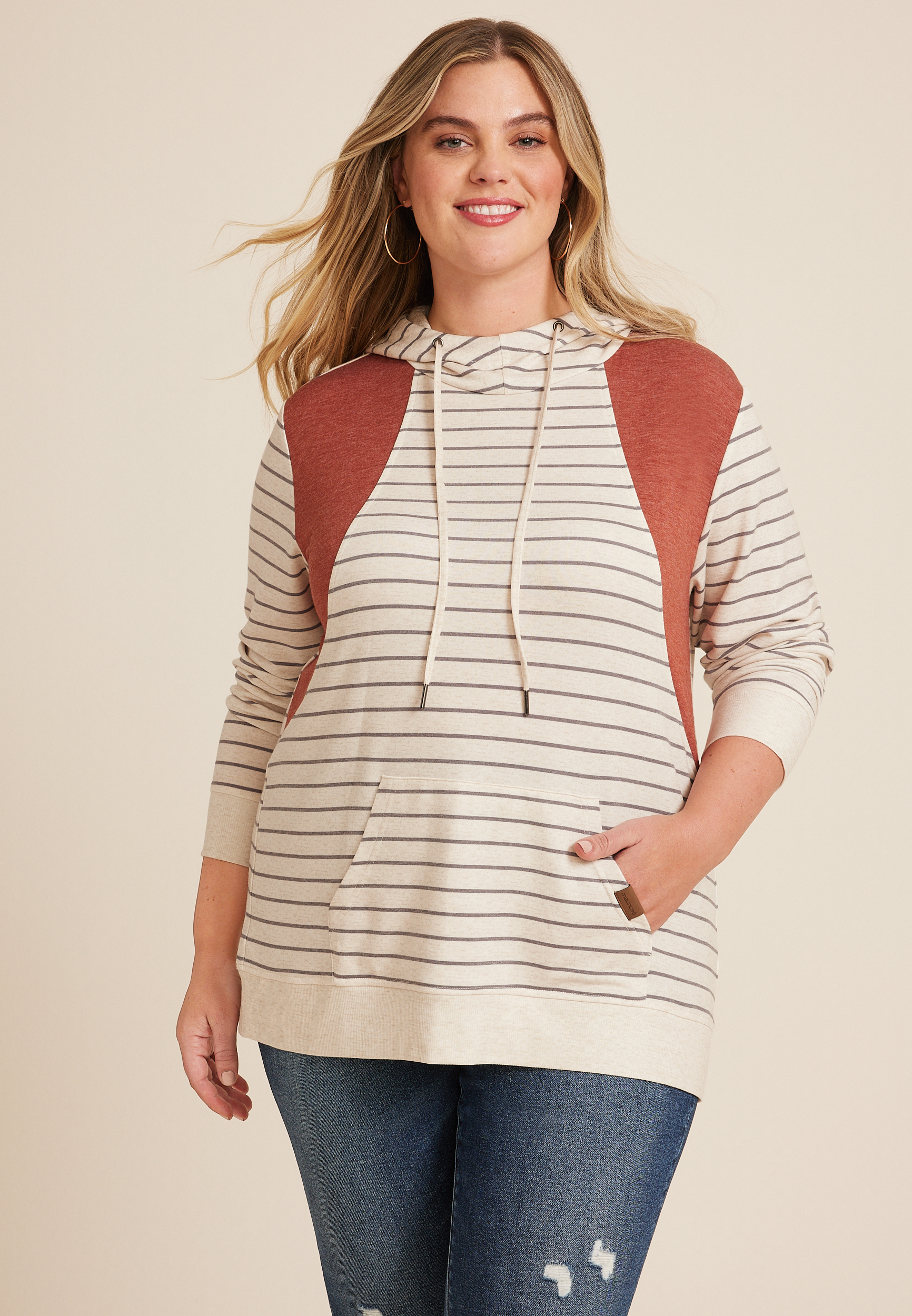 Maurices Plus Size Women's Homeward Striped Hoodie Beige Size 4X