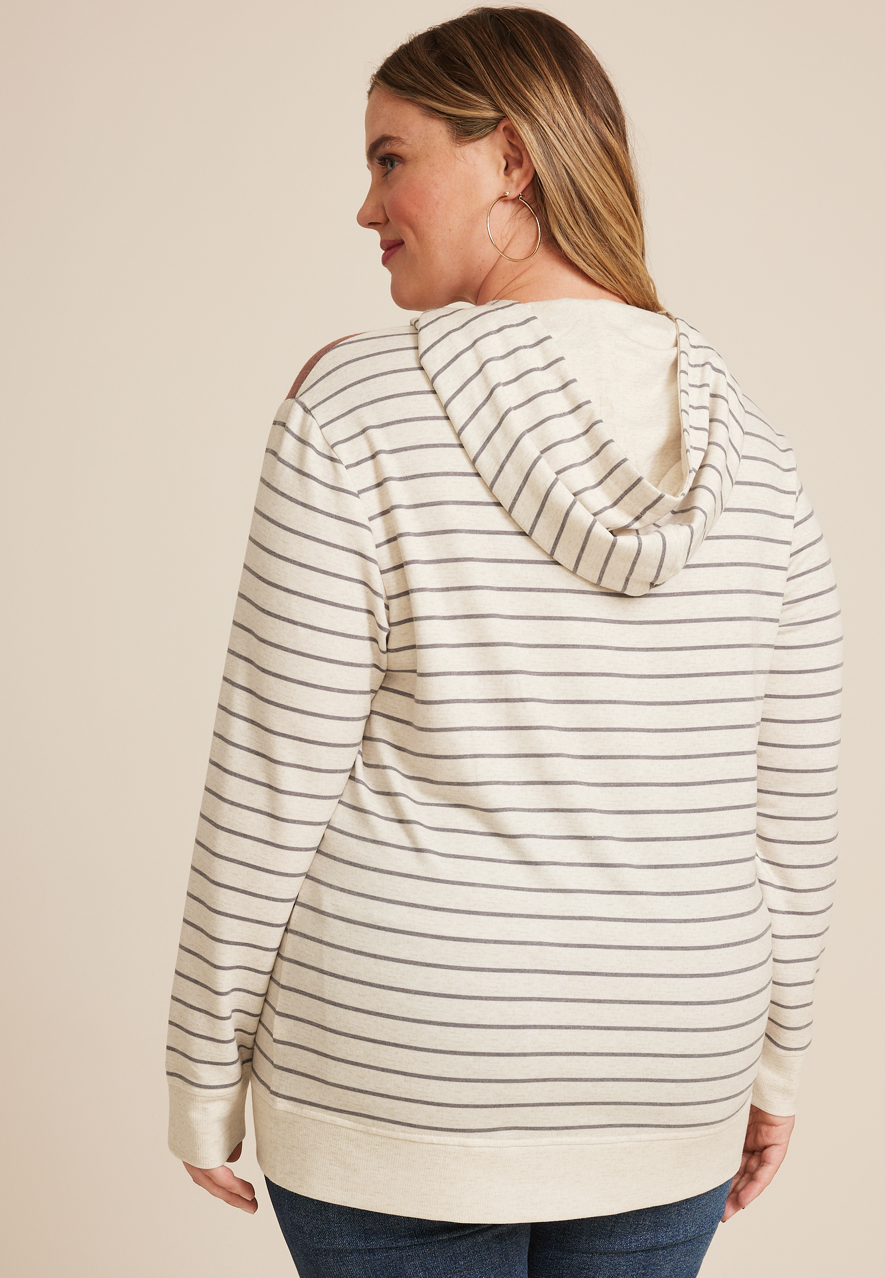 Plus Size Homeward Striped Hoodie, OATMEAL COMBO, large
