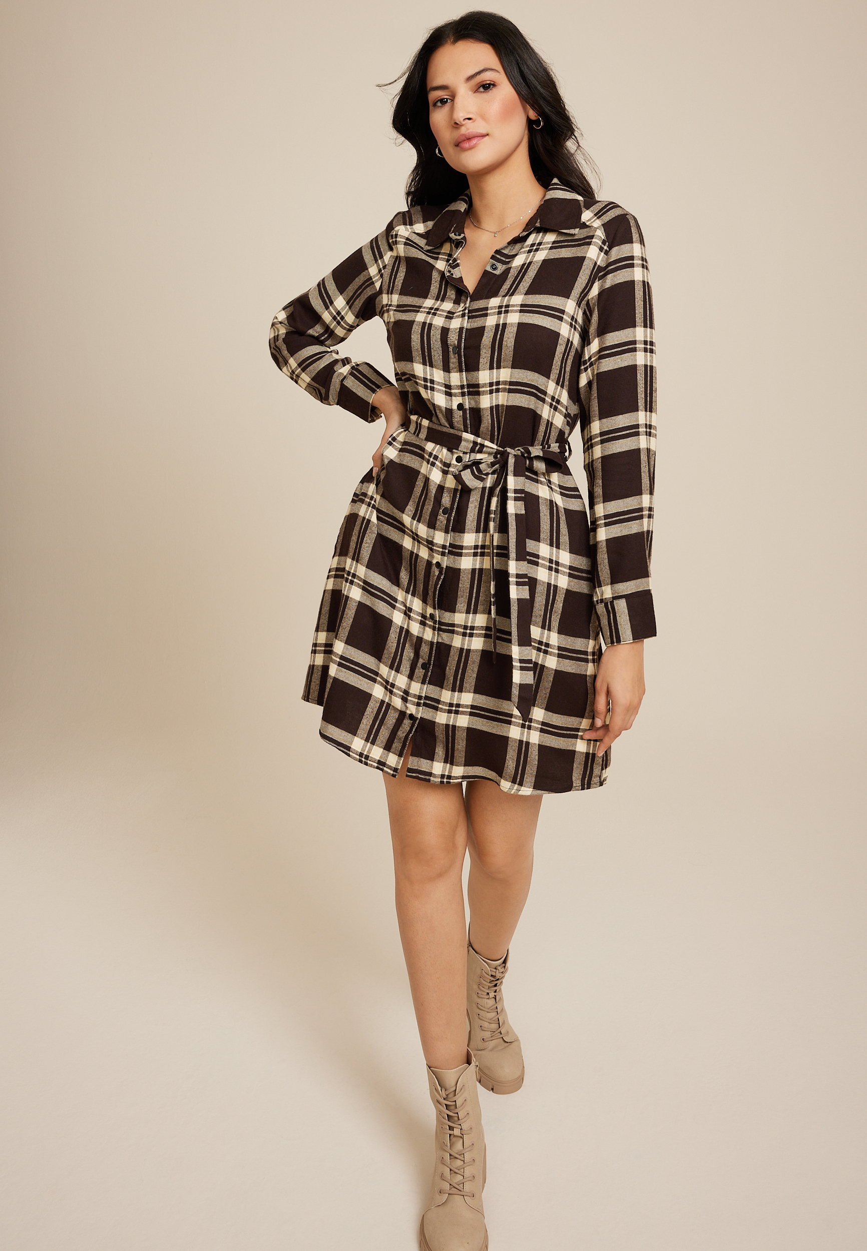 Plaid Tie Waist Mini Shirt Dress