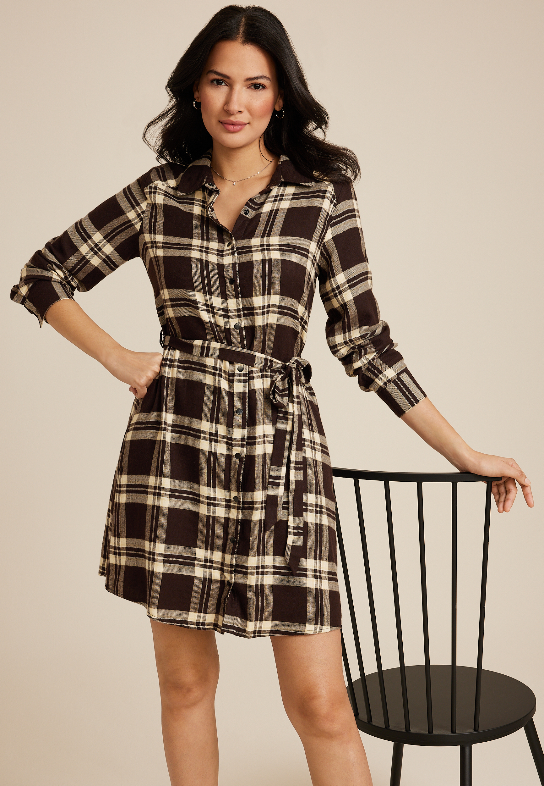 Plaid Tie Waist Mini Shirt Dress