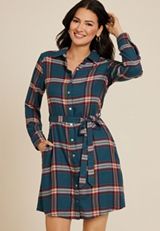 Plaid Tie Waist Mini Shirt Dress, C7471, small