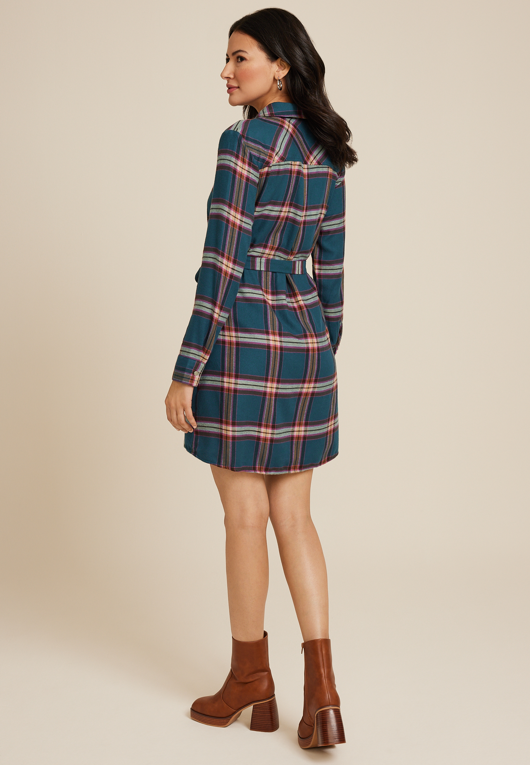 Plaid Tie Waist Mini Shirt Dress, C7471, large