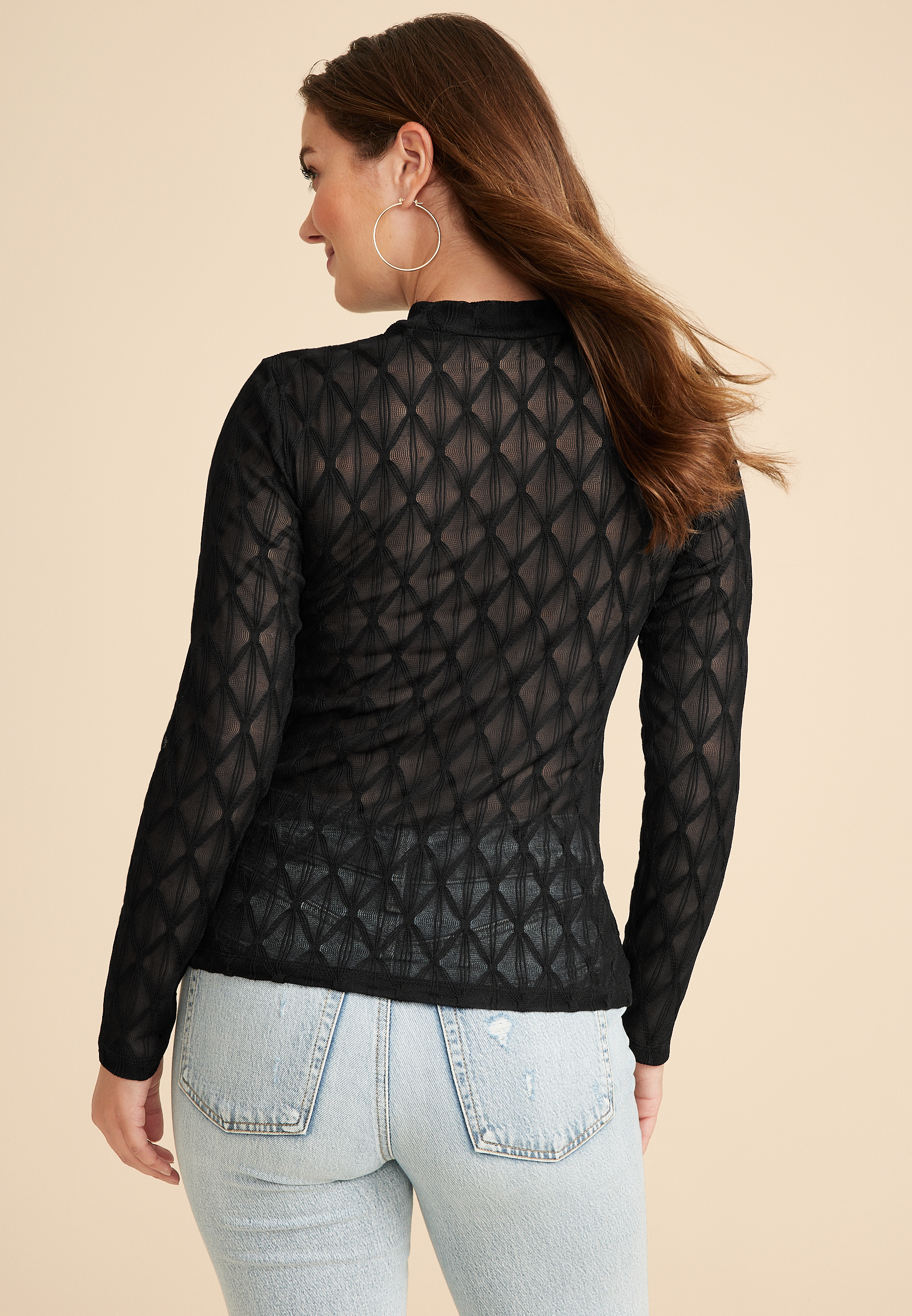 Argyle Sheer Mock Neck Blouse, C106, large